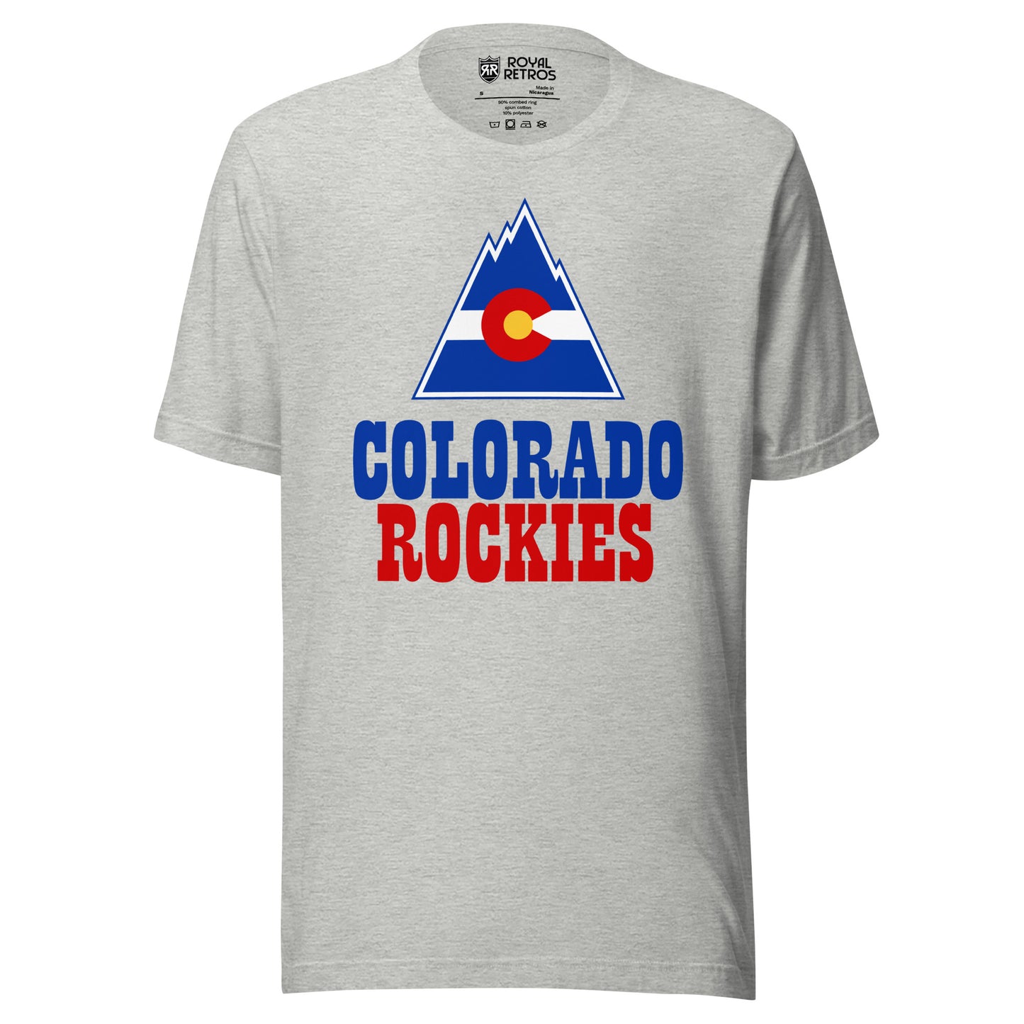 Colorado Rockies hockey T-shirt. Gray. White mountain with blue top and bottom. C around gold circle in center. Colorado in Blue above Rockies in Red below. Royal Retros