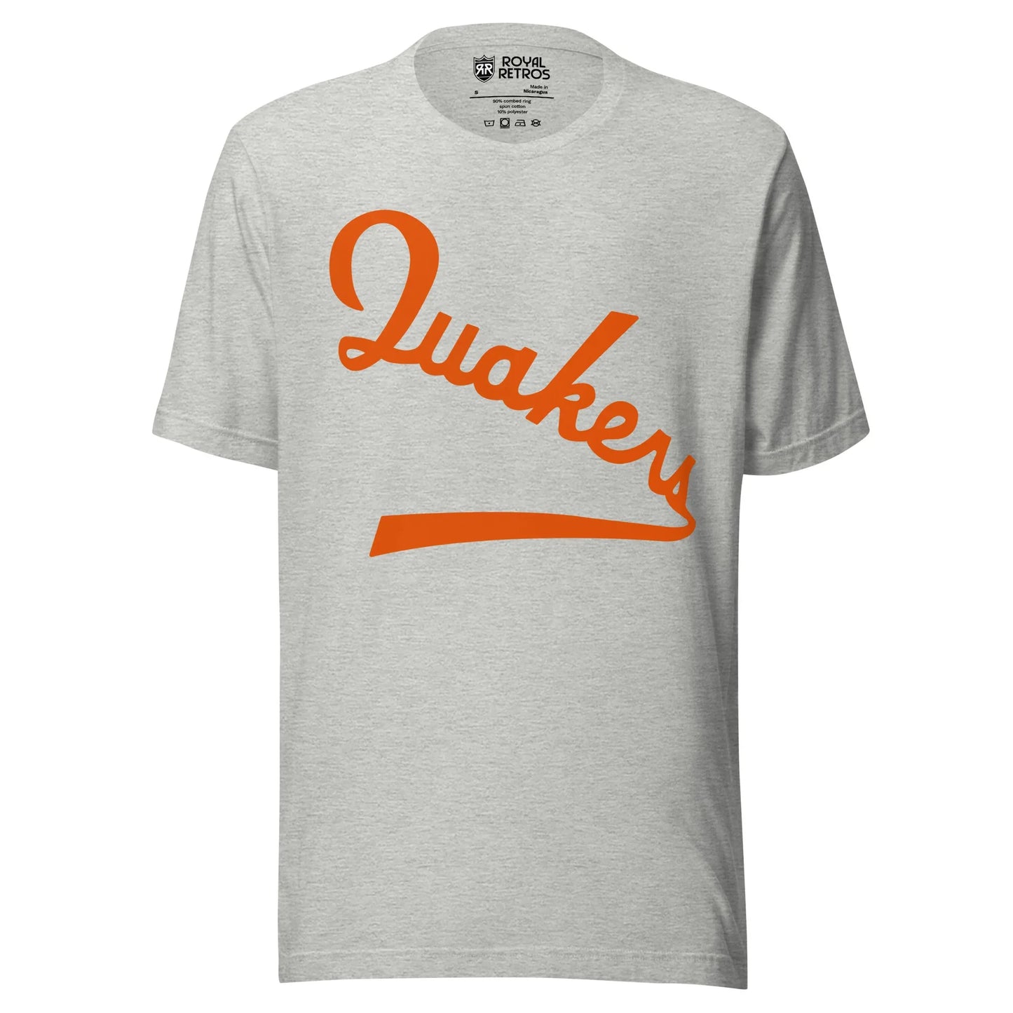 Philadelphia Quakers hockey T-shirt. Gray. Quakers in orange script diagonal down left to right, with tail coming off S. Royal Retros