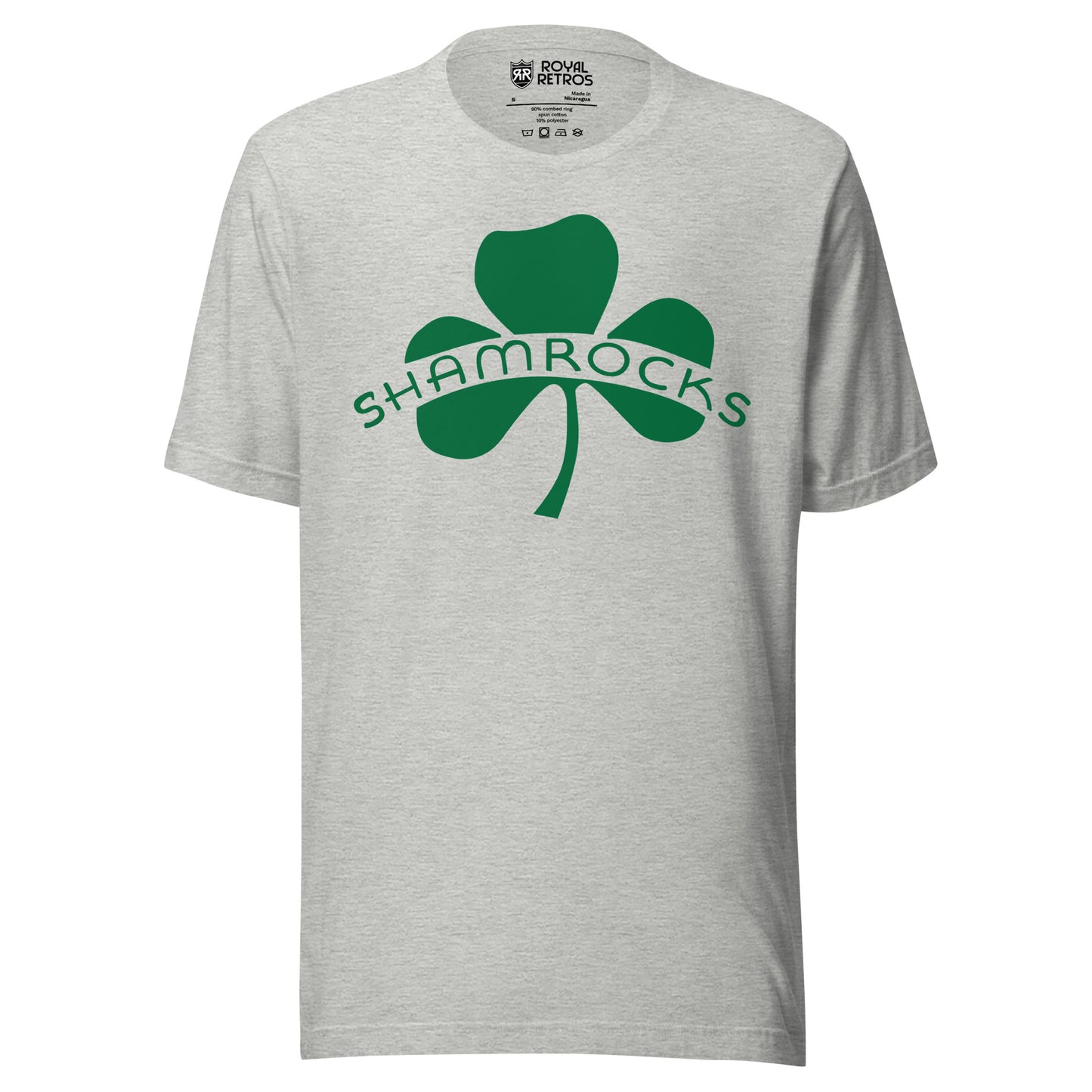 Chicago Shamrocks hockey T-shirt. Gray. Green shamrock, with Shamrocks in all caps across left and right leaves. Royal Retros