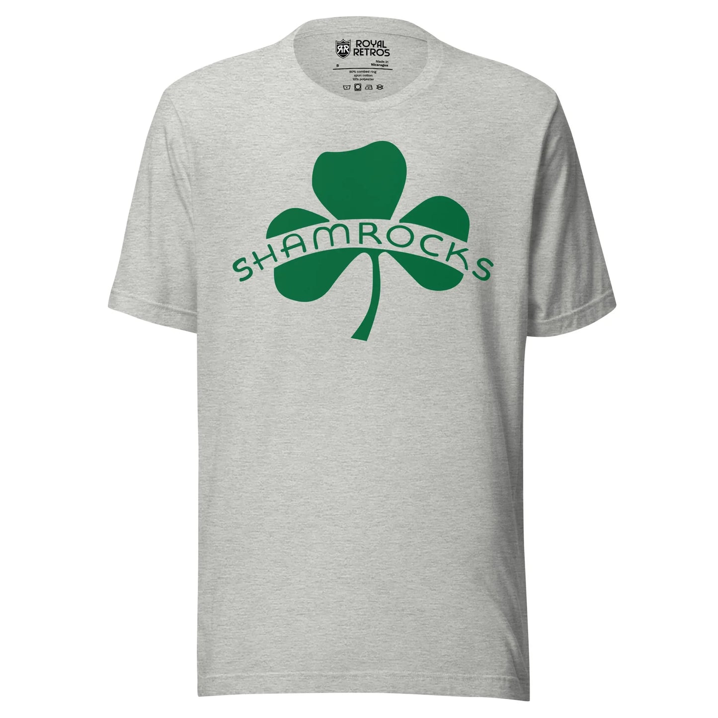 Chicago Shamrocks hockey T-shirt. Gray. Green shamrock, with Shamrocks in all caps across left and right leaves. Royal Retros