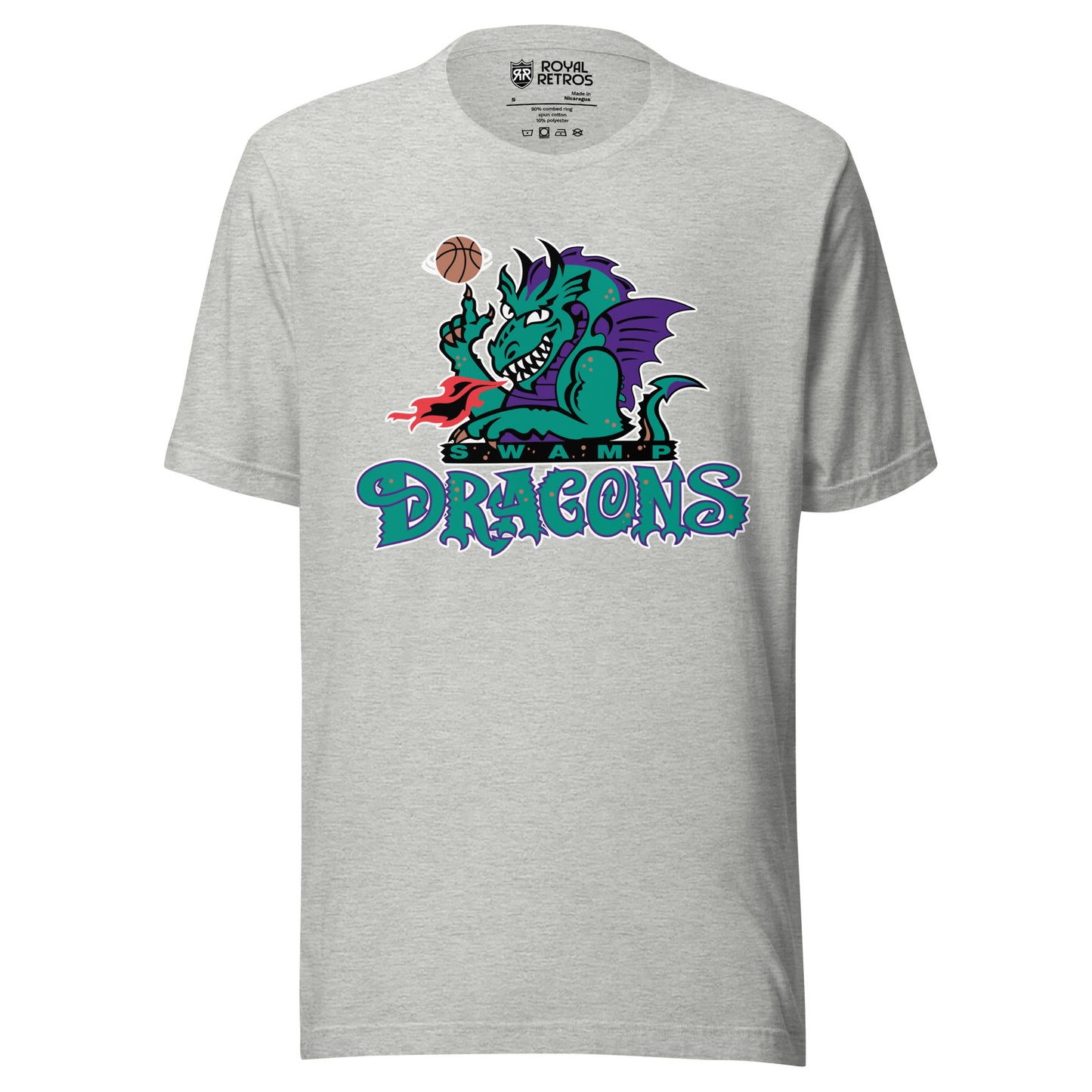 New Jersey Swamp Dragons T-Shirt Gray. Dragon spinning a basketball with DRAGONS wordmark underneath. Royal Retros