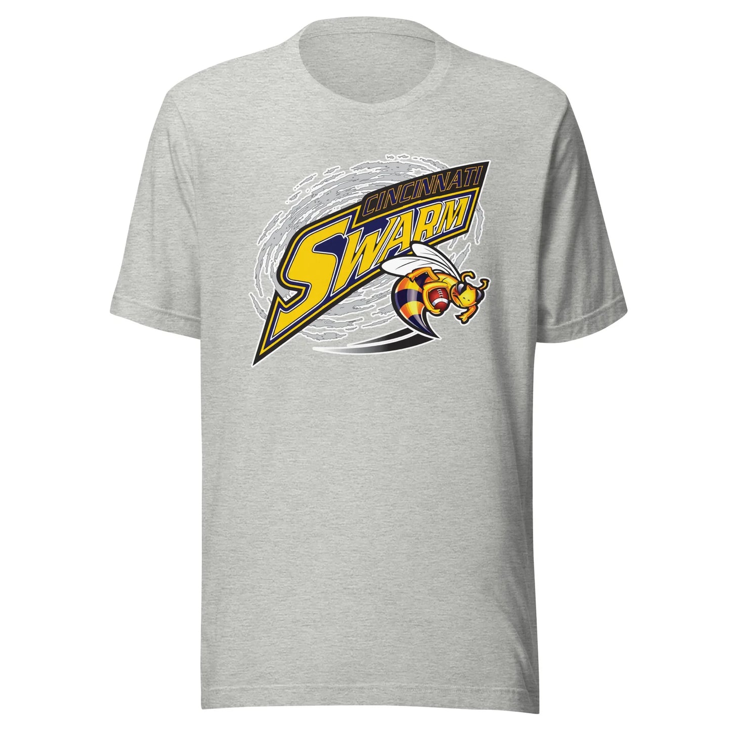 Cincinnati Swarm af2 arena football T-shirt. Heather Grey. Gray cloud. Angled word logo. Cincinnati small in blue with gold outline above large Swarm gold with blue outline. Wasp holding a football to the lower right. Royal Retros