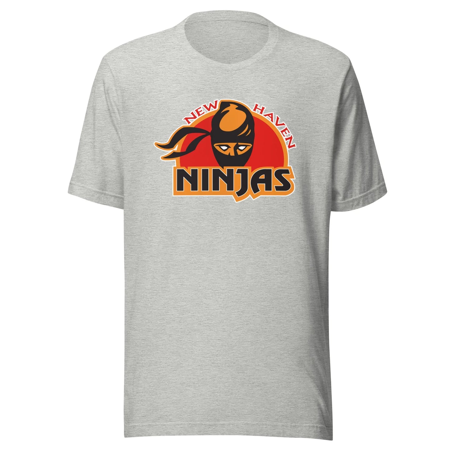 New Haven Ninjas af2 arena football T-shirt. Heather Grey. New Haven in red separated by ninja head over red field. Ninjas in black below. Royal Retros.