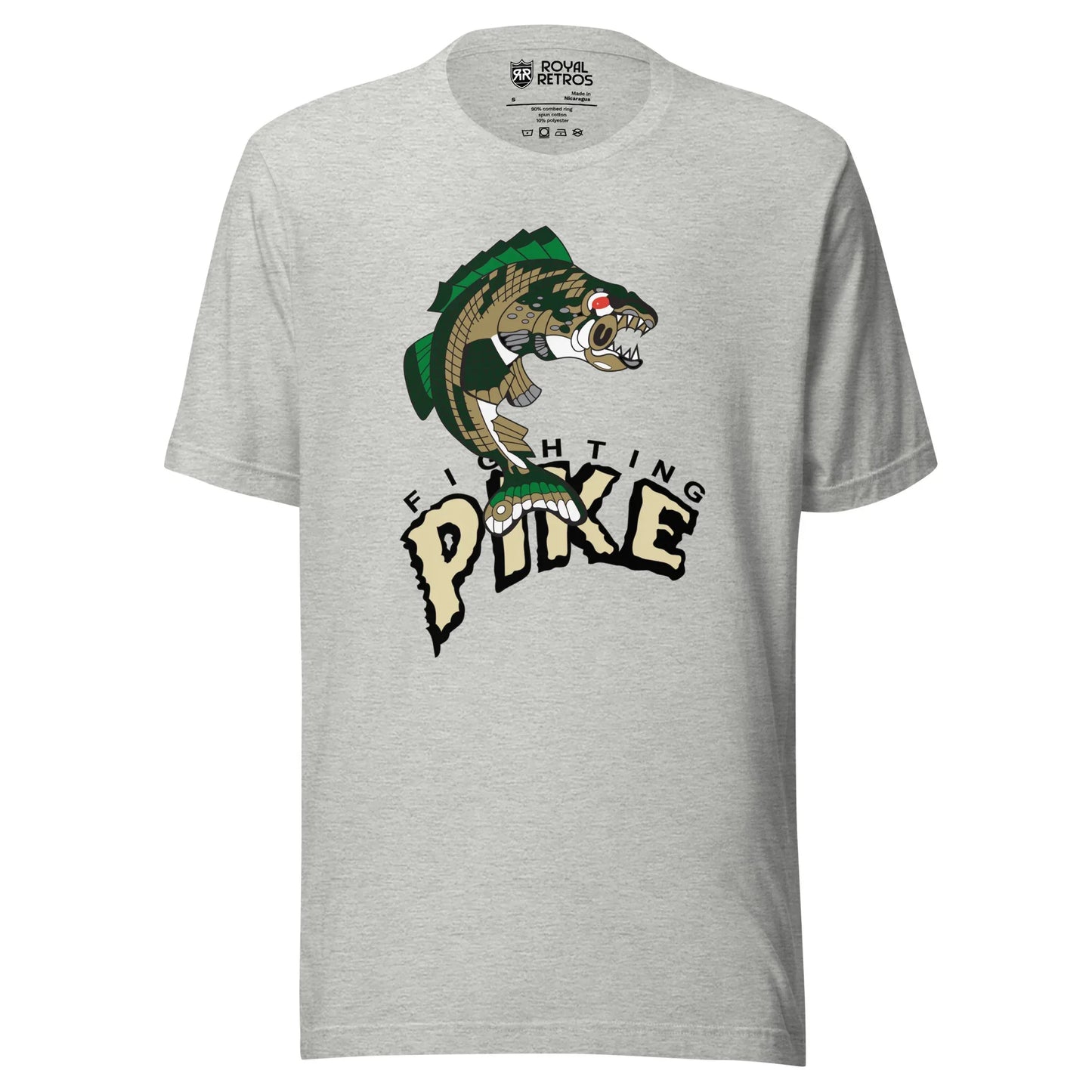 Minnesota Fighting Pike Arena Football League T-shirt. Light Gray. Angry pike, jumping up to the right. PIKE large in silver below. Royal Retros