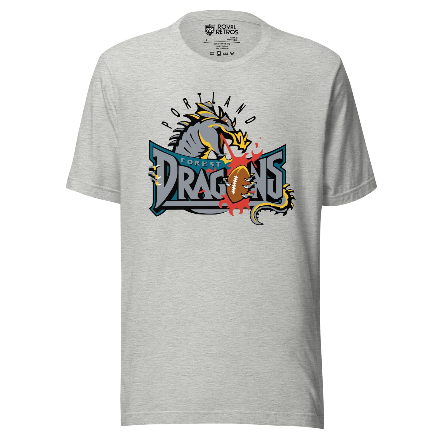 Portland Forest Dragons Arena Football league T-shirt. Gray. Portland in black arched. Gray dragon head breathing fire over Forest in small silver on green background, Dragons large in sliver below with football as the O. Royal Retros