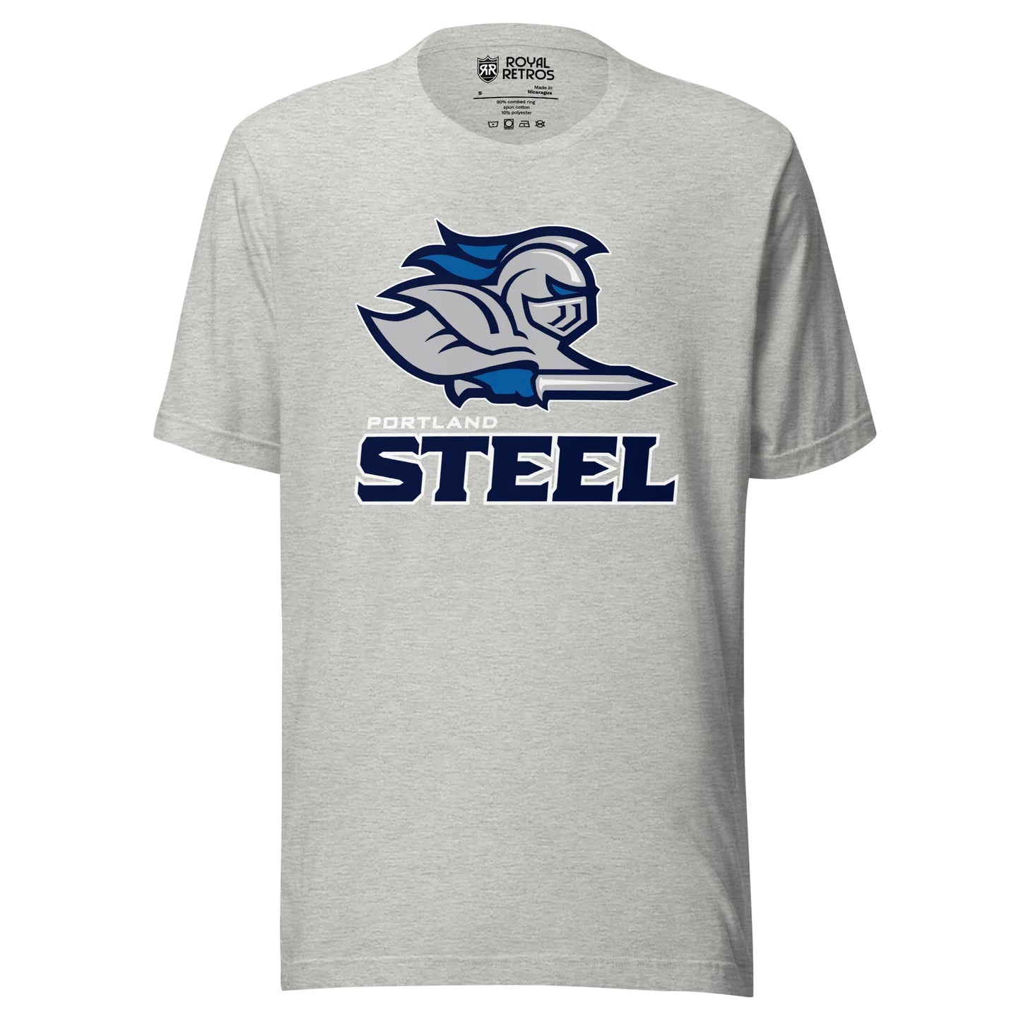 Portland Steel Arena Football League T-shirt. Gray. Knight from shoulders up facing right. Blue feathers and gloves, holding sword. Portland in white small above STEEL in black large. Royal Retros