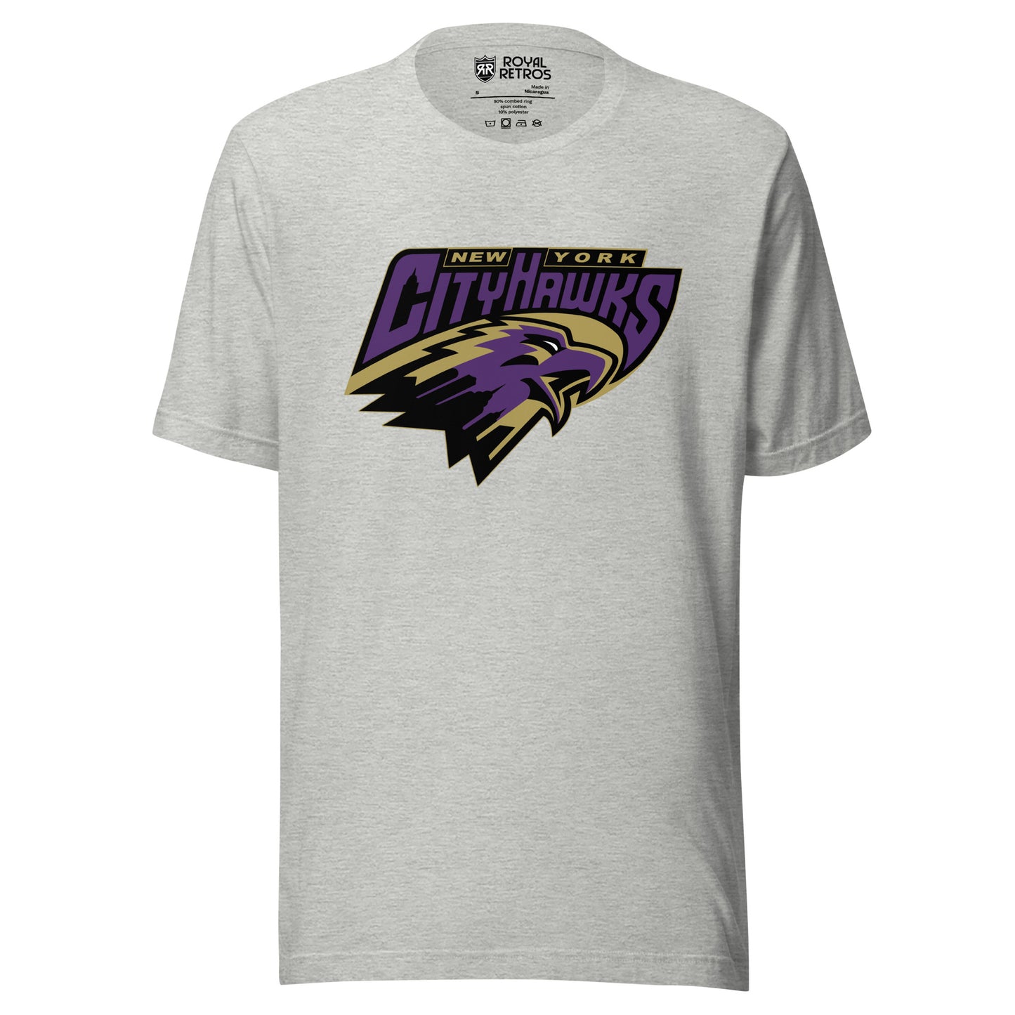New York CityHawks Arena Football League T-shirt. Light Gray. New York in small in gold above CityHawks large in purple. Tan, black, and purple hawk's head facing right below. Royal Retros