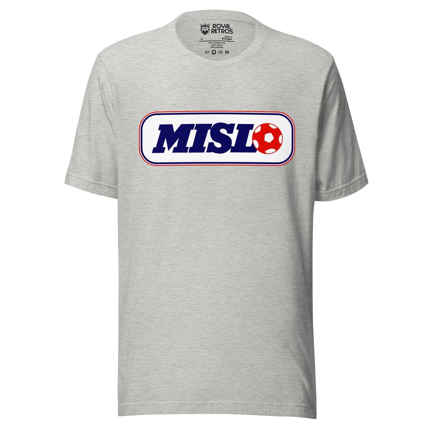 Major Indoor Soccer League MISL T-shirt. Grey. White rectangle wit blue trim. MISL in blue inside with a red soccer ball next to the L. Royal Retros