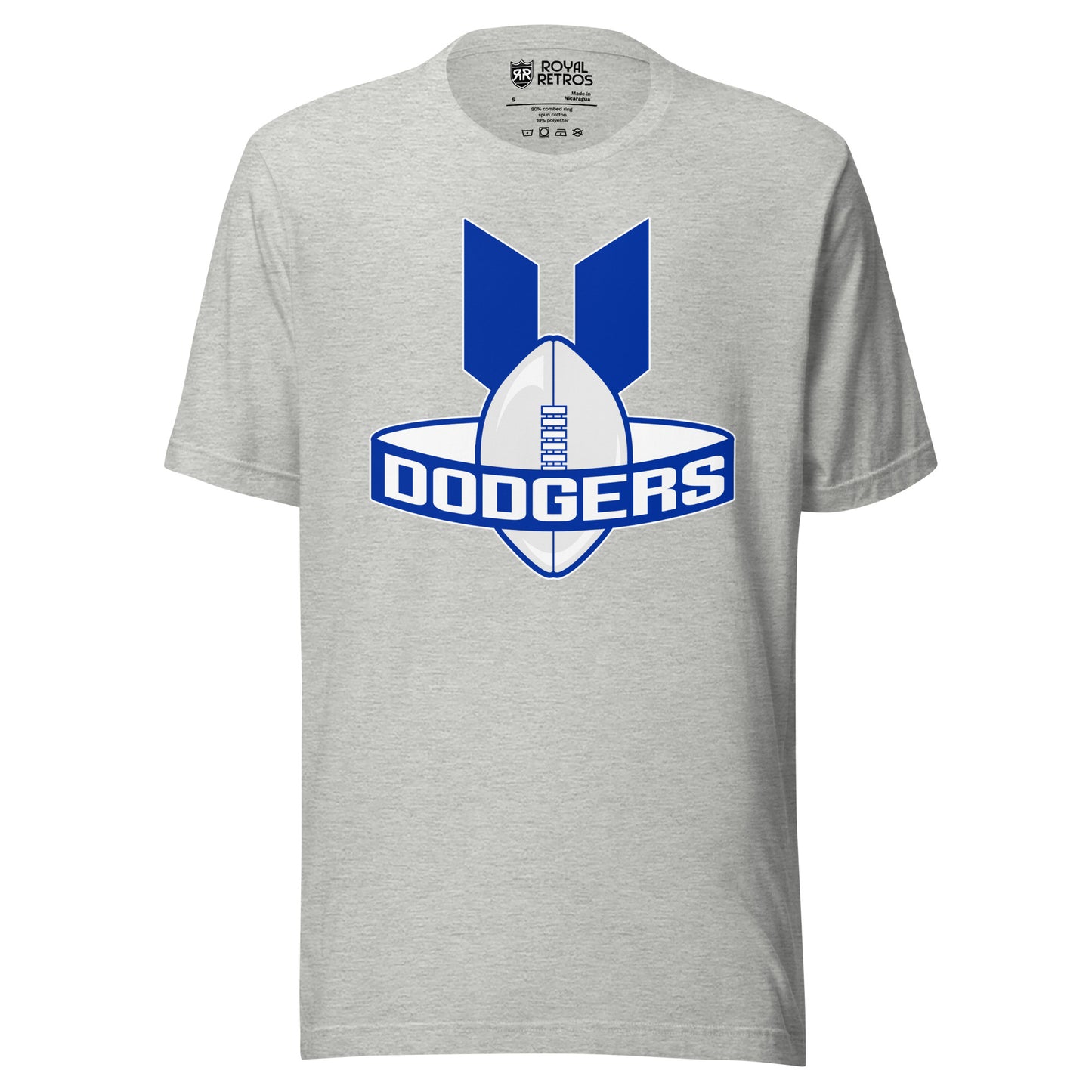 Brooklyn Dodgers AAFC T-shirt. Gray. Football on its end with find coming off the top left and right. Band around football, blue background with Dodgers in white. Royal Retros