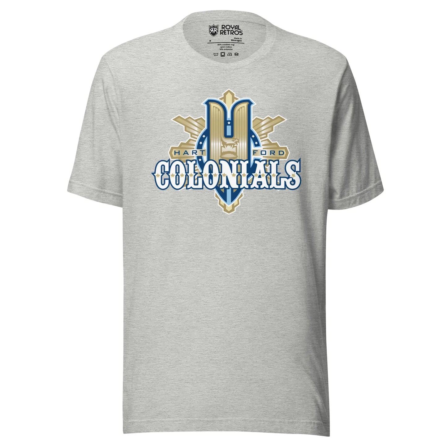 Hartford Colonials UFL-2009 T-shirt. Light Gray. Large gold H over gilded shield. Colonials in white with gold trim across shield. Royal Retros