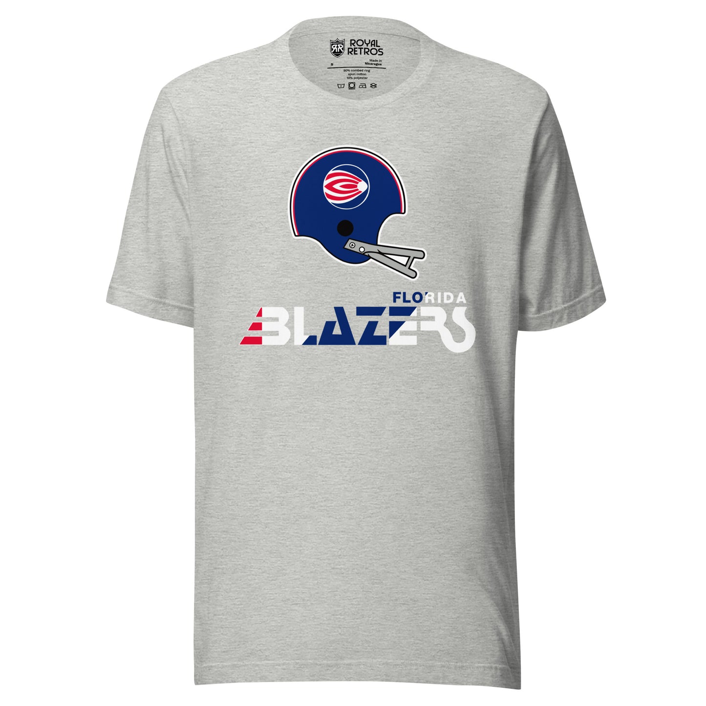 Florida Blazers World Football league WFL T-shirt. Gray. Logo is a blue helmet with gray face guard with a circular logo featuring red and white swoops going away from a small circle inside right. Florida small to the right stylized Blazers large below in red, white, and blue. Royal Retros.