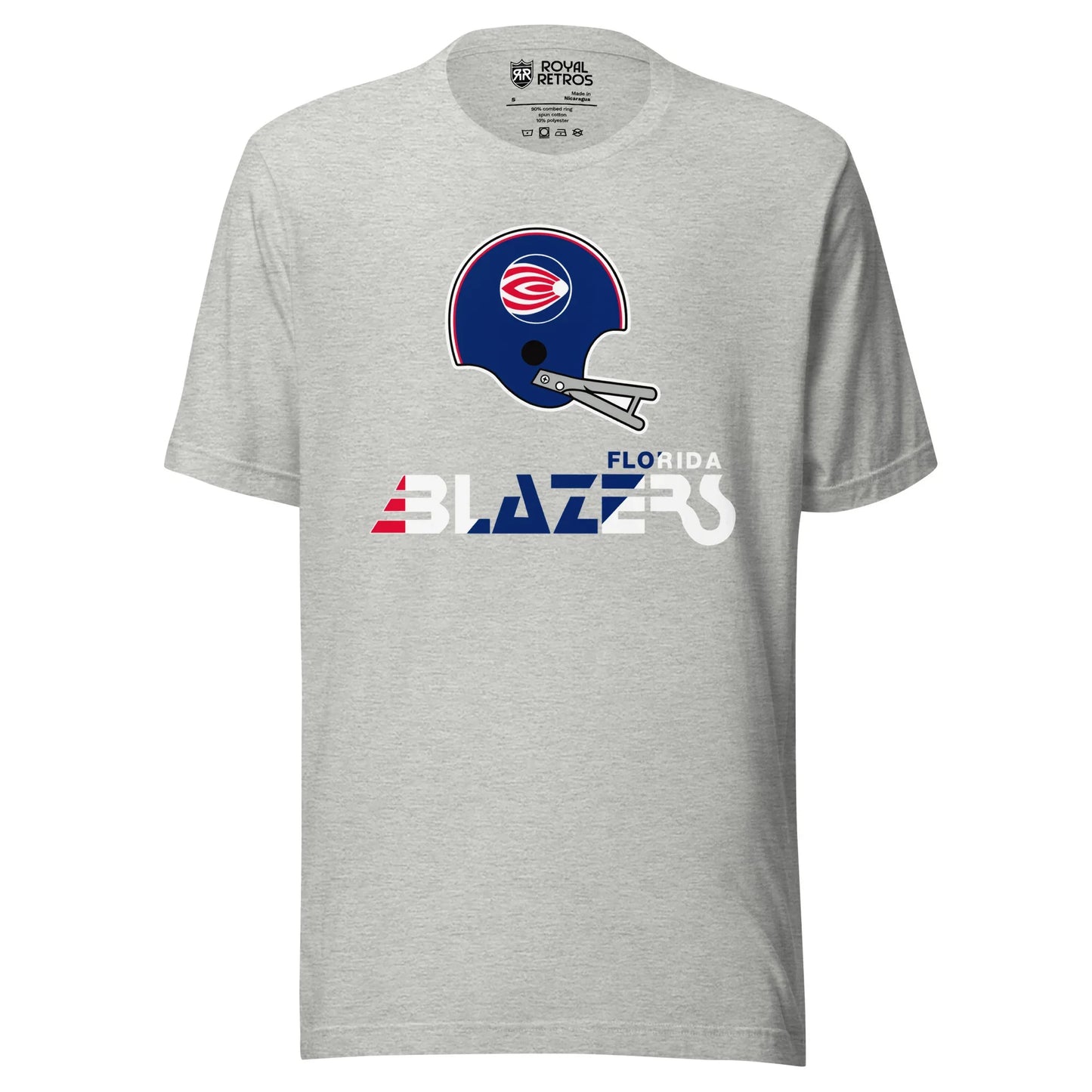 Florida Blazers World Football league WFL T-shirt. Gray. Logo is a blue helmet with gray face guard with a circular logo featuring red and white swoops going away from a small circle inside right. Florida small to the right stylized Blazers large below in red, white, and blue. Royal Retros.