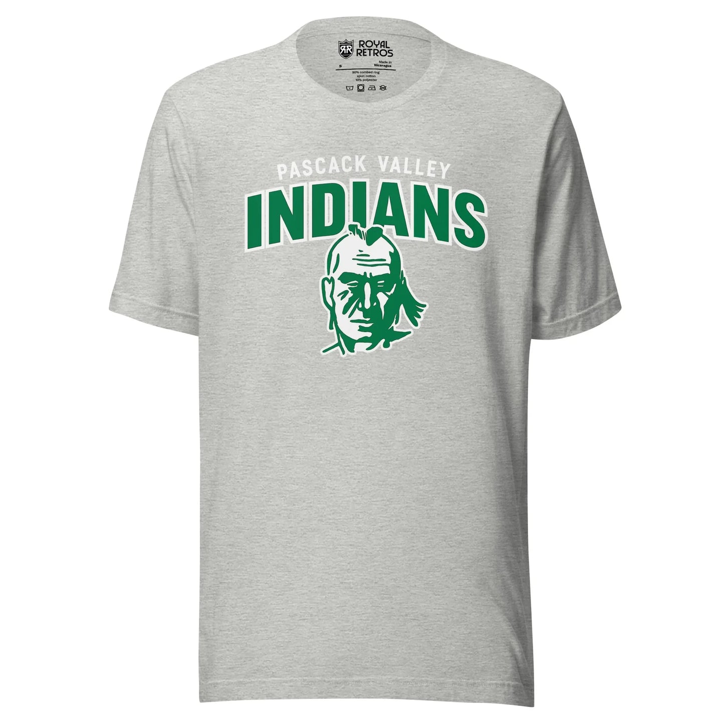 Pasack Valley Indians logo T-shirt. Gray.