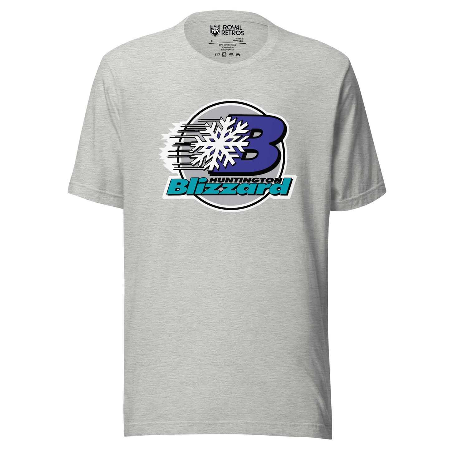 Huntington Blizzard hocket T-shirt. Gray. Black circle with white trim. Purple B slightly to the right with black swish marks going to the left. White snowflake on top in middle. HUNTINGTON in black to the lower right but still inside circle. BLIZZARD in aqua across the bottom, sticking out from the circle. Royal Retros