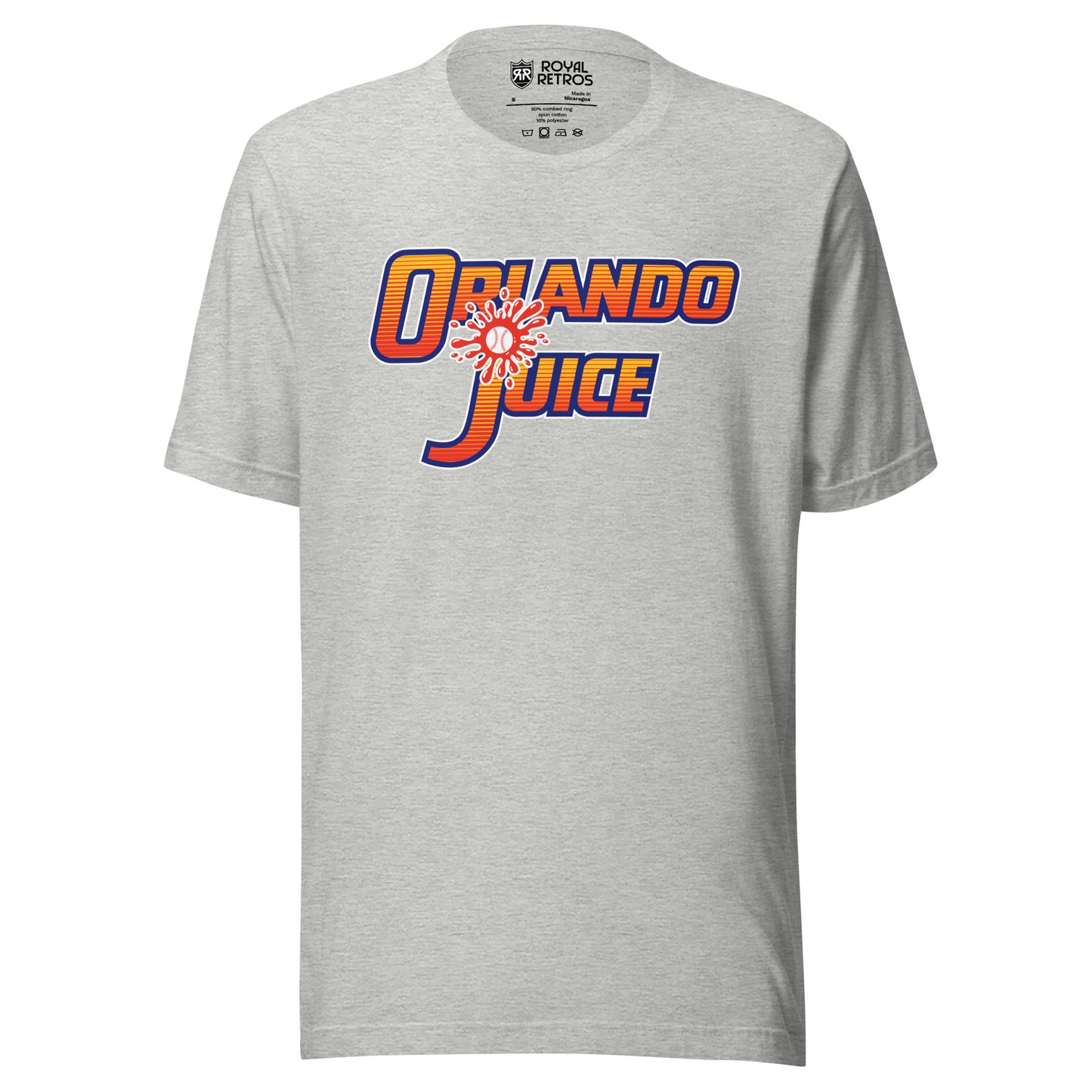 Orlando Juice Baseball T-shirt. gray. Orlando in orange and red striped letters. Juice in orange and red striped letters below. Baseball splash on red above the J. Royal Retros