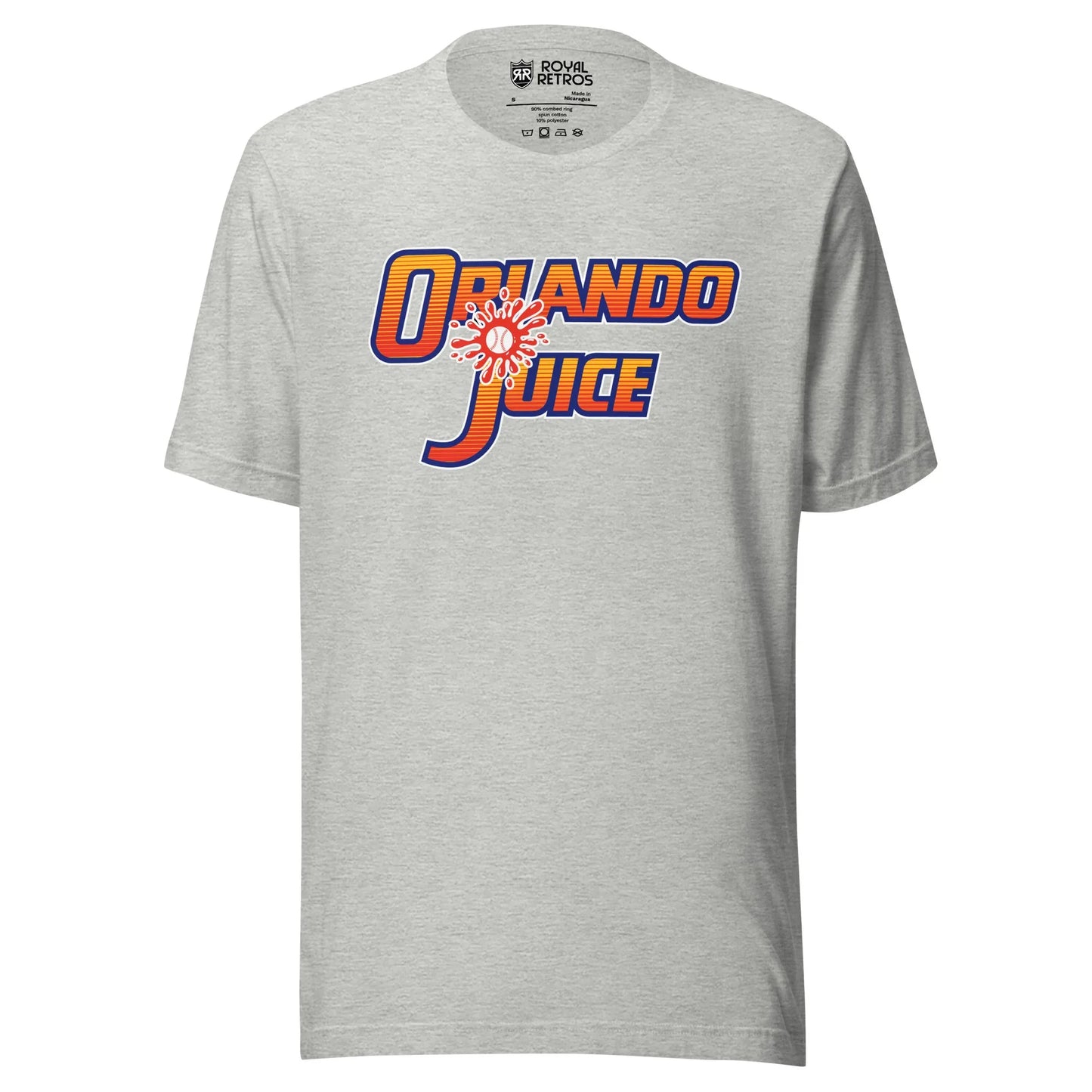 Orlando Juice Baseball T-shirt. gray. Orlando in orange and red striped letters. Juice in orange and red striped letters below. Baseball splash on red above the J. Royal Retros