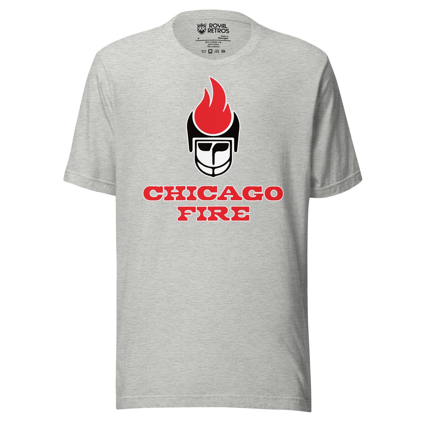 Chicago Fire World Football League T-shirt. Gray. Stylized player face with black helmet. Red flame on top of helmet. Chicago in red with white outline, Fire below that in red with white outline. Royal Retros
