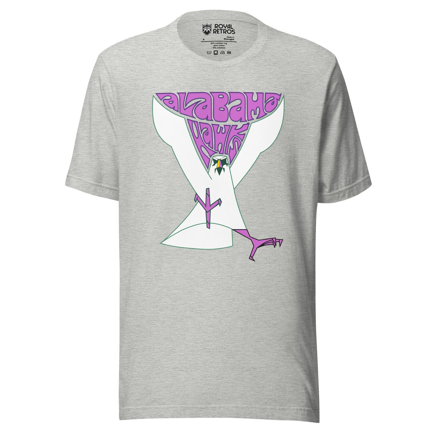 Alabama Hawks football T-shirt. Gray. Alabama in 70s-style font, purple with Hawks below, nestled between the wings of a large simplified Hawk coming at viewer with purple talons. Royal Retros