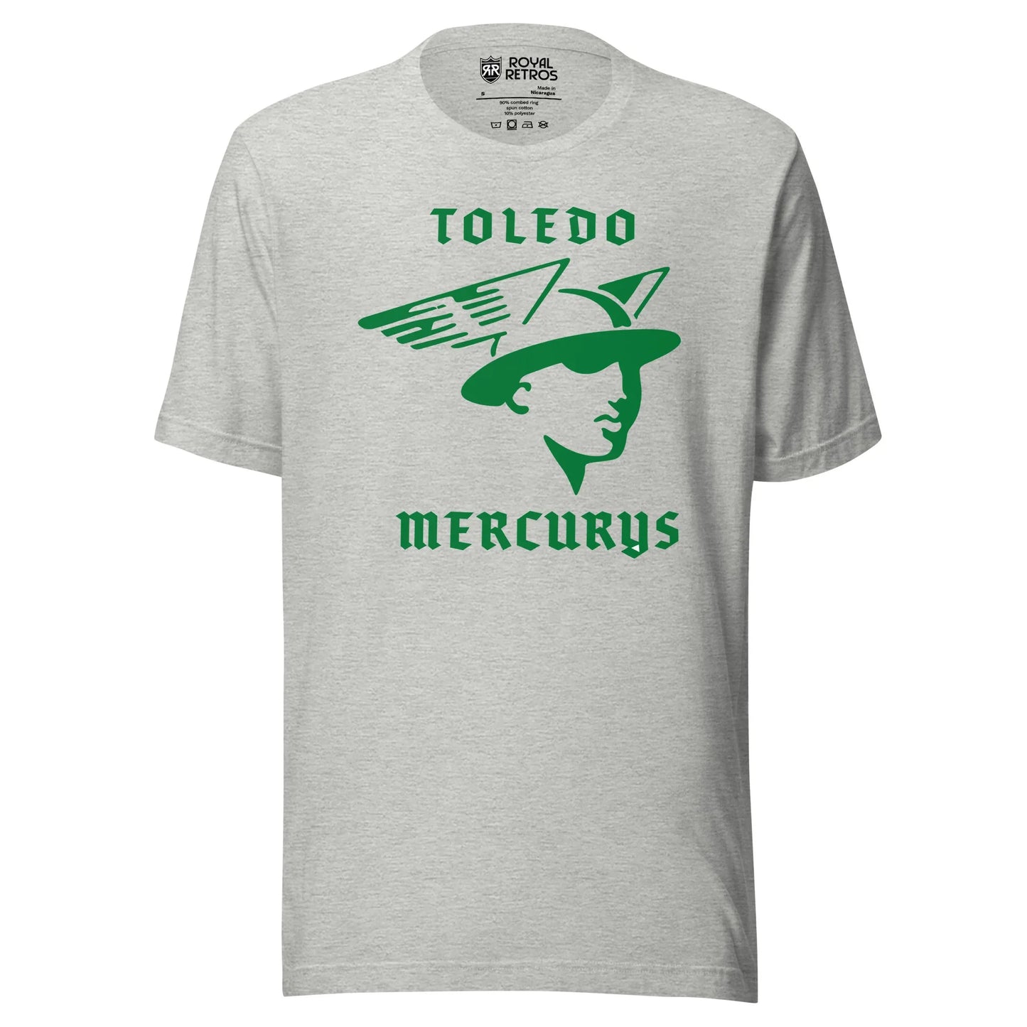 Toledo Mercurys hockeyT-shirt. Greem Toledo in gold. Above stylized bust of the God Mercury with winged helmet in green. Mercurys in gold below. Royal Retros