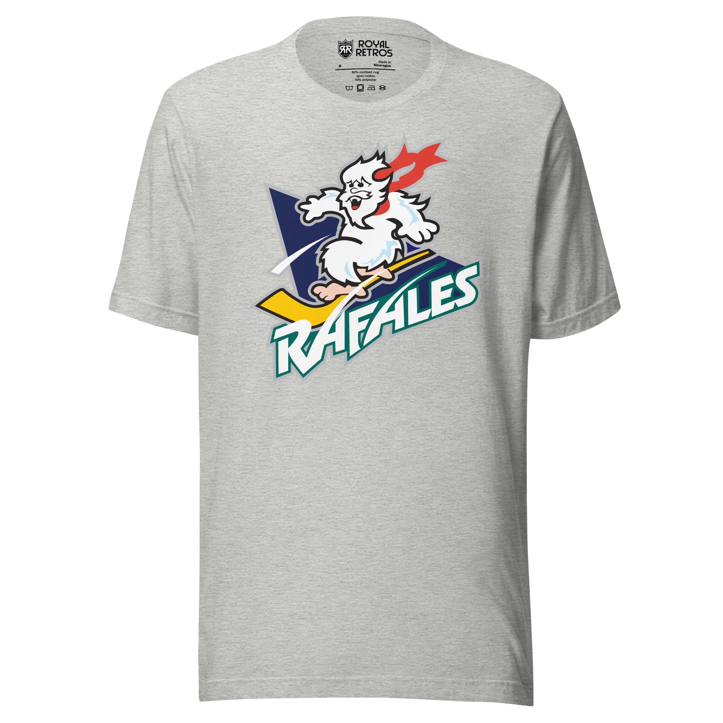 Quebec Rafales hockey T-shirt. Grey. White Yeti riding a yellow hockey stick over a purple triangle. RAFALES angled in white with blue trim below. Royal Retros.