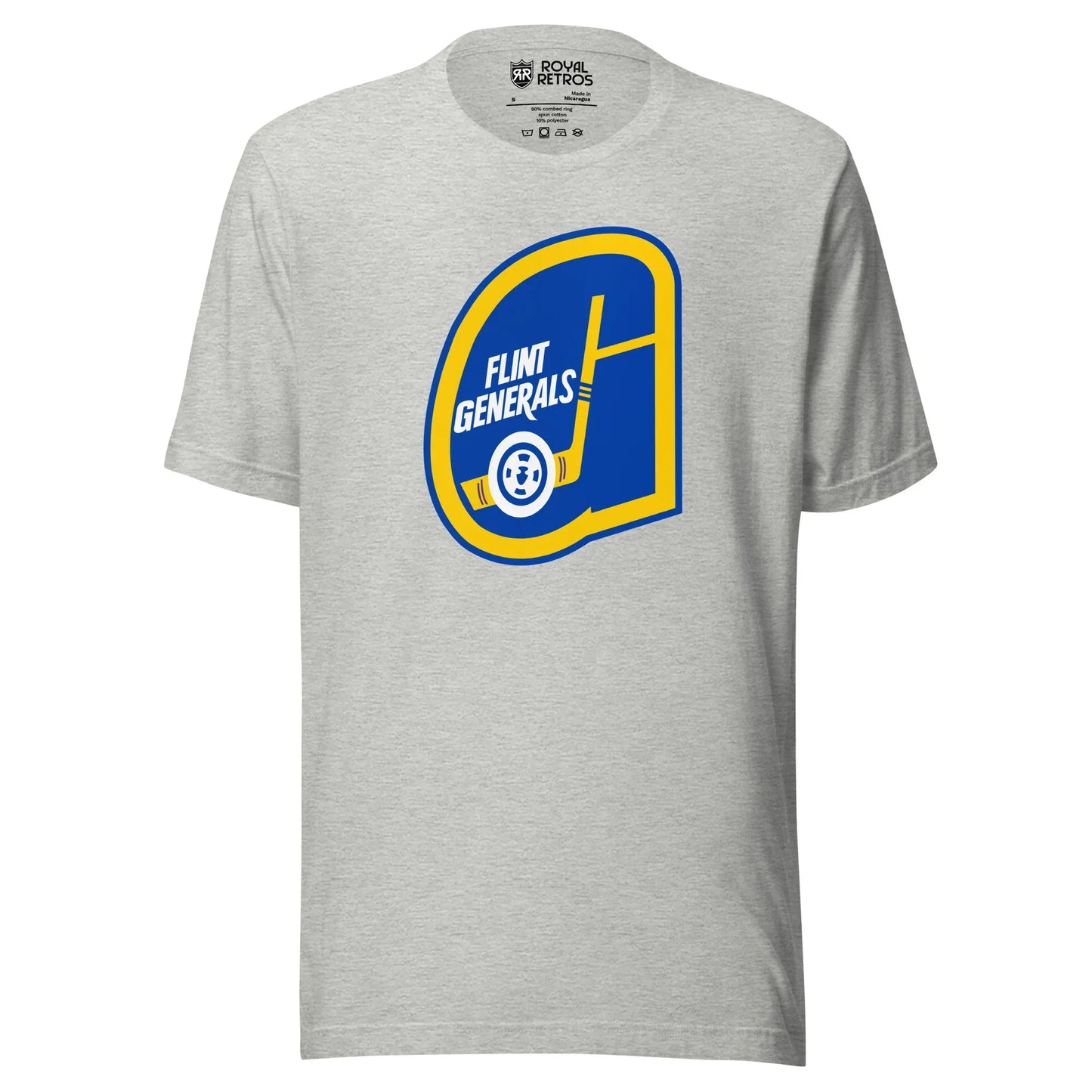Flint Generals hockey T-shirt. Gray. Stylized blue G with gold trim. Flint Generals in white. Inside of G forms a yellow hockey stick with white puck on blade. Royal Retros