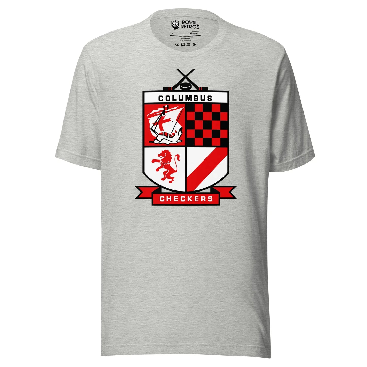 Columbus Checkers hockey T-shirt. Gray. Shield with fur quadrants. Two crossed black hockey sticks above with puck between blades. In shield, Columbus above, ship in top left, red and white checkerboard top right, horse in red below left, red diagonal stripe over white in bottom right. Checkers below shield in white over red ribbon banner. Royal Retros