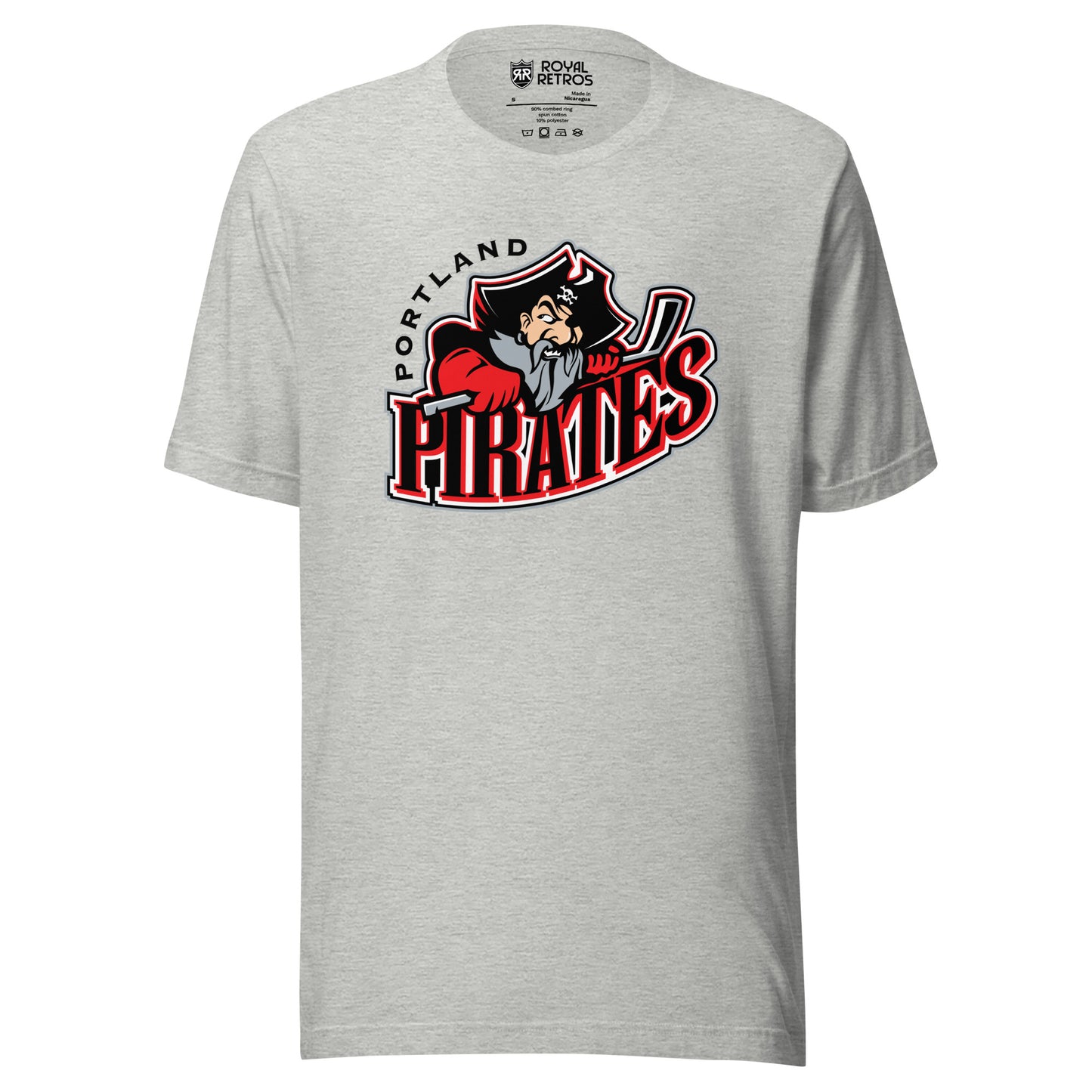 Portland Pirates hockey T-shirt. Gray. Portland arched in black to the left. Cartoon pirate from the shoulders up, holding hockey stick over PIRATES in black with red and white trim. Royal Retros.