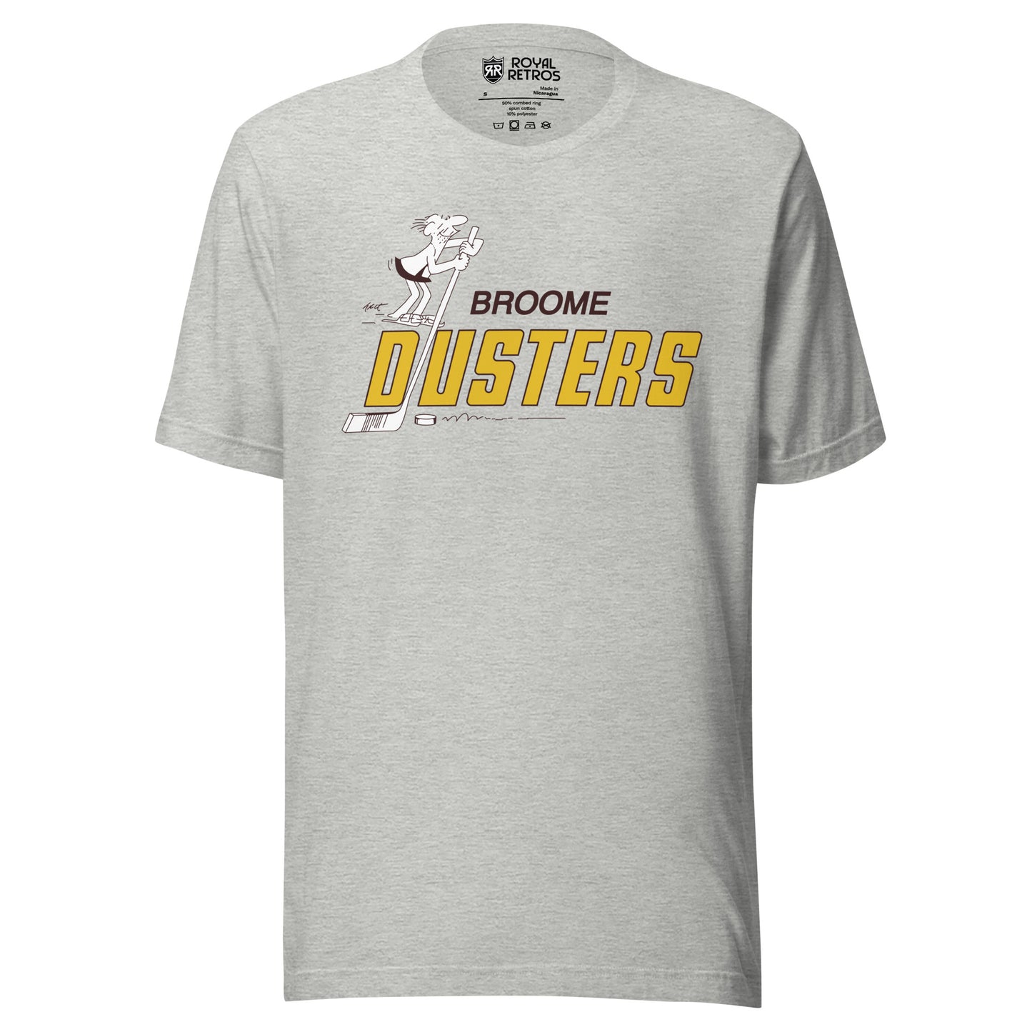 Broome Dusters hockey T-shirt. Gray. Caveman standing on D in Dusters, gold, holding a large hockey stick. Broome small in white above. Royal Retros.