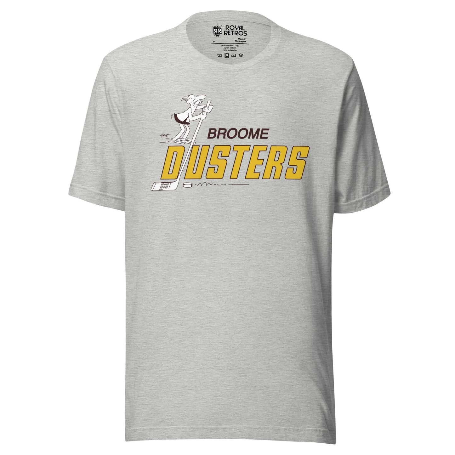 Broome Dusters hockey T-shirt. Gray. Caveman standing on D in Dusters, gold, holding a large hockey stick. Broome small in white above. Royal Retros.