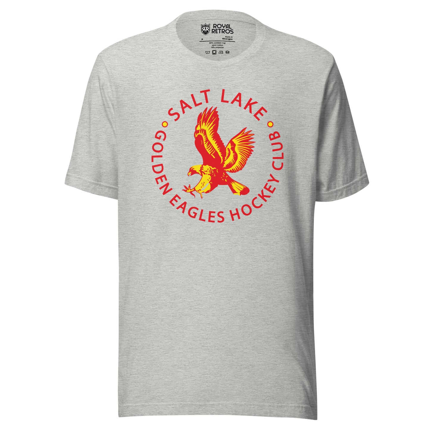 Salt Lake Golden Eagles hockey T-shirt. Gray. Salt Lake in red arched above, Golden eagles Hockey Club in red, arched up below, separated by two gold circles. Inside is an image of a red and gold eagle, wings up as it diving on prey. Royal Retros