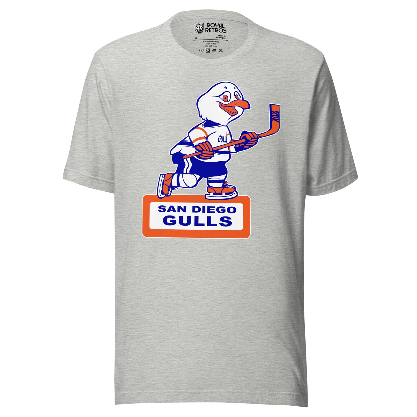 San Diego Gulls T-shirt. Gray. Animated Gull, white with blue and orange trim, skating and holding a hockey stick. Orange box underneath with white background. San Diego in blue above Gulls larger in rectangle. Royal Retros