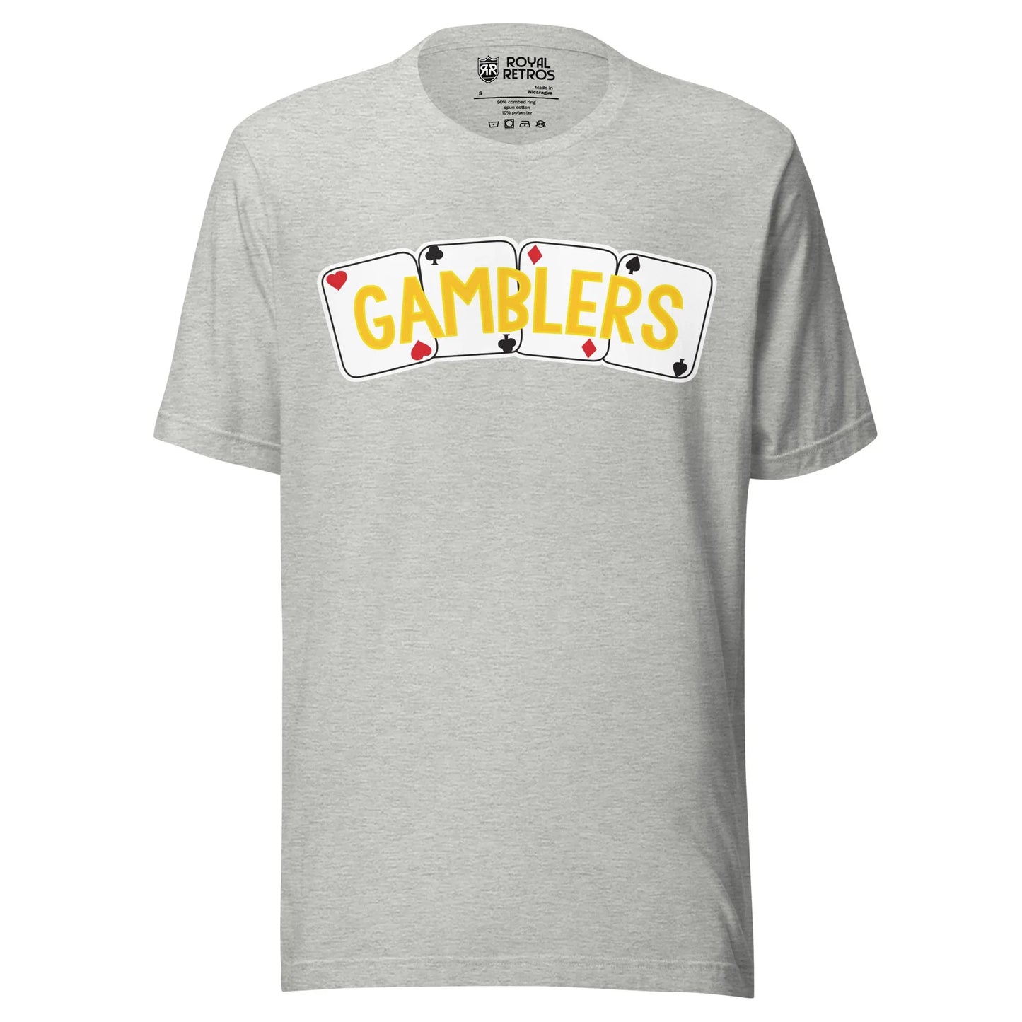 Las Vegas Gamblers hockey T-shirt. Gray. Four cards across chest, hearts, clubs, diamonds, spades. GAMBLERS in gold across cards. Royal Retros
