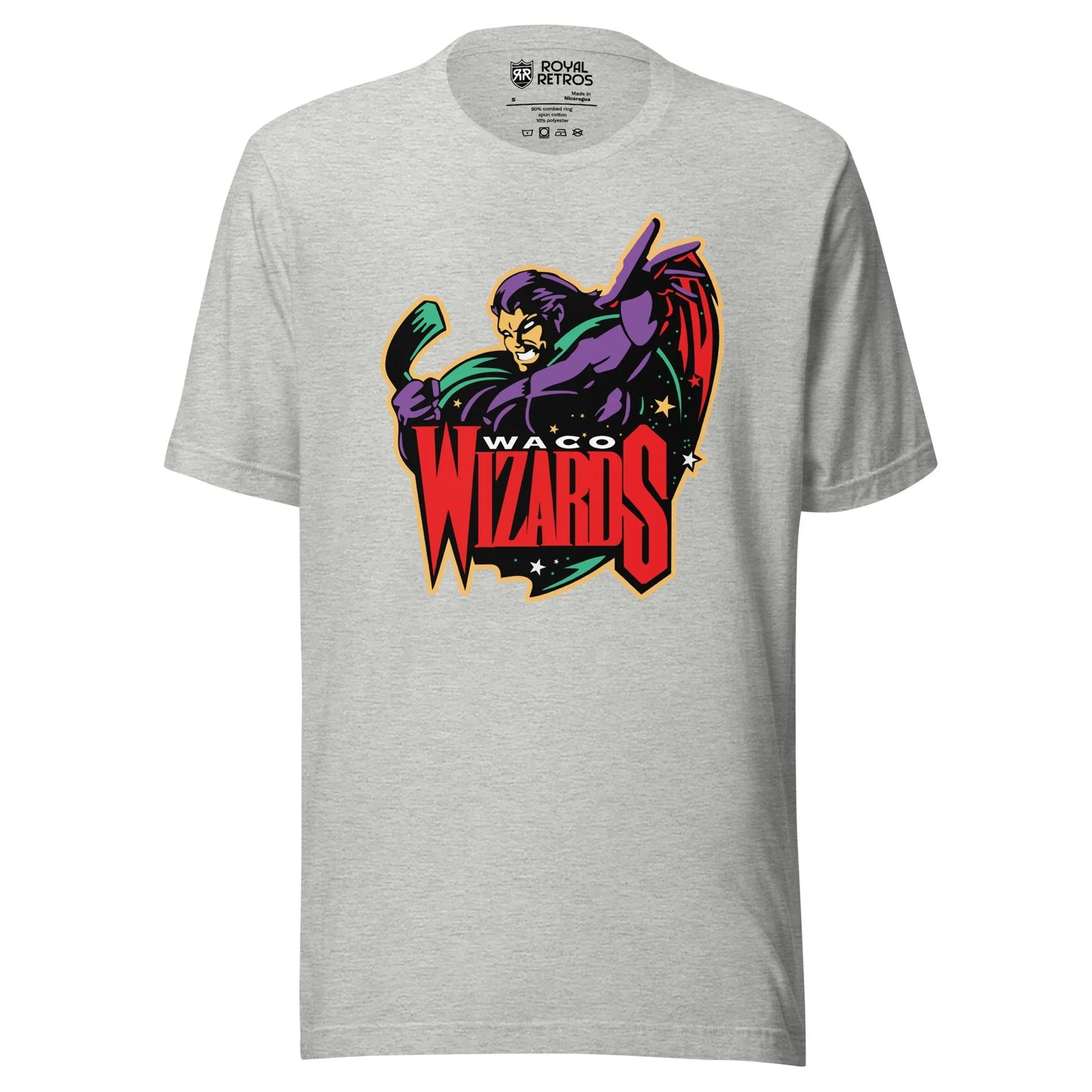 Waco Wizards T-shirt. Gray. Logo is a purple wizard holding a hockey stick. Waco small in white above WIZARDS in red, Royal Retros