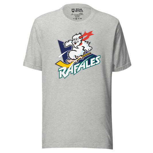 Quebec Rafales hockey T-shirt. Athletic Heather. White Yeti riding a yellow hockey stick over a purple triangle. RAFALES angled in white with blue trim below. Royal Retros.