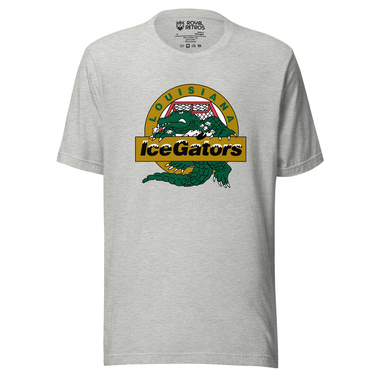 Louisiana IceGators athletic heather gray t-shirt. Green alligator crest on a gold circle at the center chest, LOUISIANA arced above, IceGators across a gold banner. Royal Retros