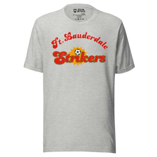 Fort Lauderdale Strikers T-shirt. Athletic heather. Ft. Lauderdale script arched over Strikers with a soccer ball in a yellow sunburst. Royal Retros