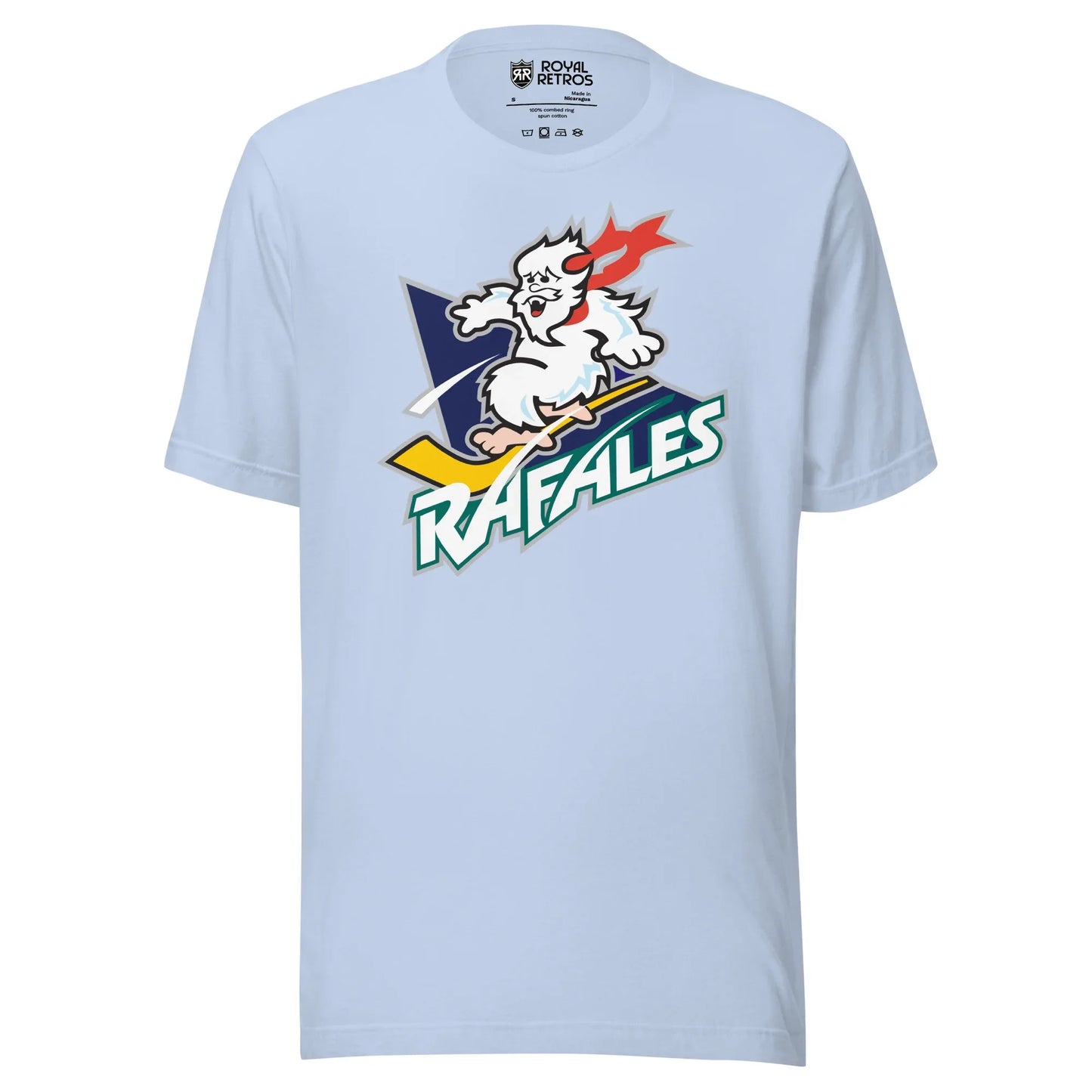 Quebec Rafales hockey T-shirt. Light Blue. White Yeti riding a yellow hockey stick over a purple triangle. RAFALES angled in white with blue trim below. Royal Retros.