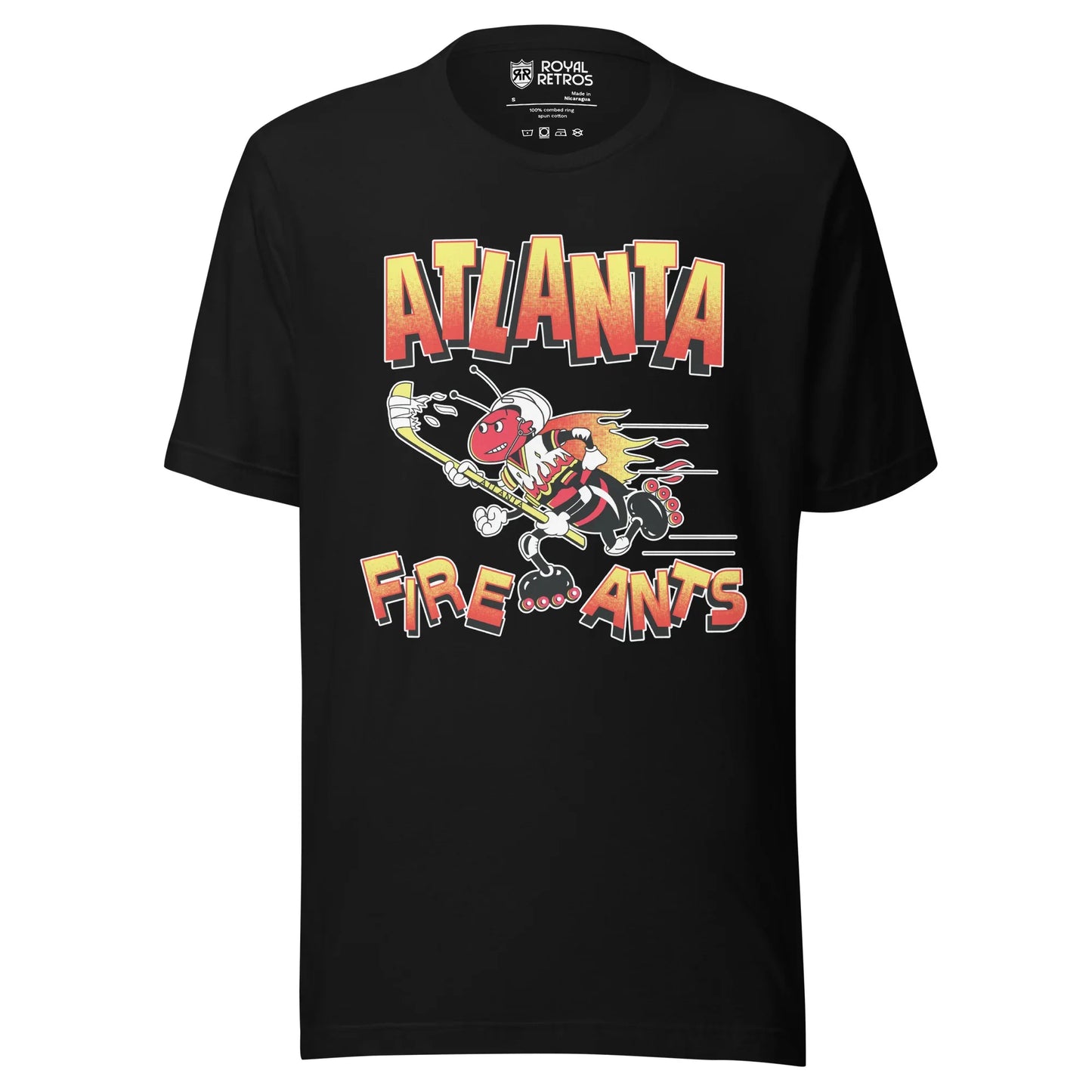 Atlanta Fire Ants roller hockey T-Shirt. Black. Atlanta half gold on top, red below above animated fire ant rollerblading to the left. Fire Ants, half yellow on top, red below under ant. Royal Retros