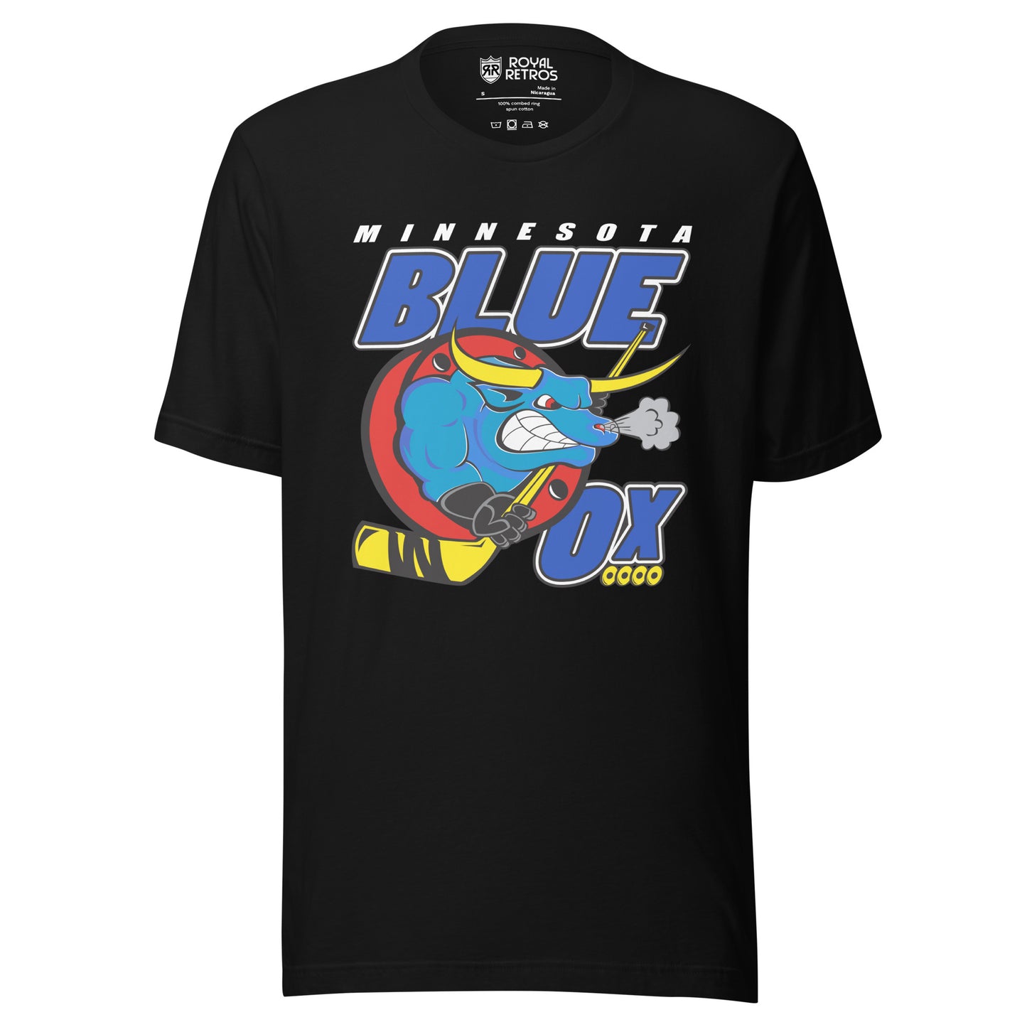 Minnesota Blue Ox roller hockey T-shirt. Red. Minnesota in white above large BLUE. Blue Ox below with hockey stick. OX in blue to the right with four gold wheels underneath. Royal Retros