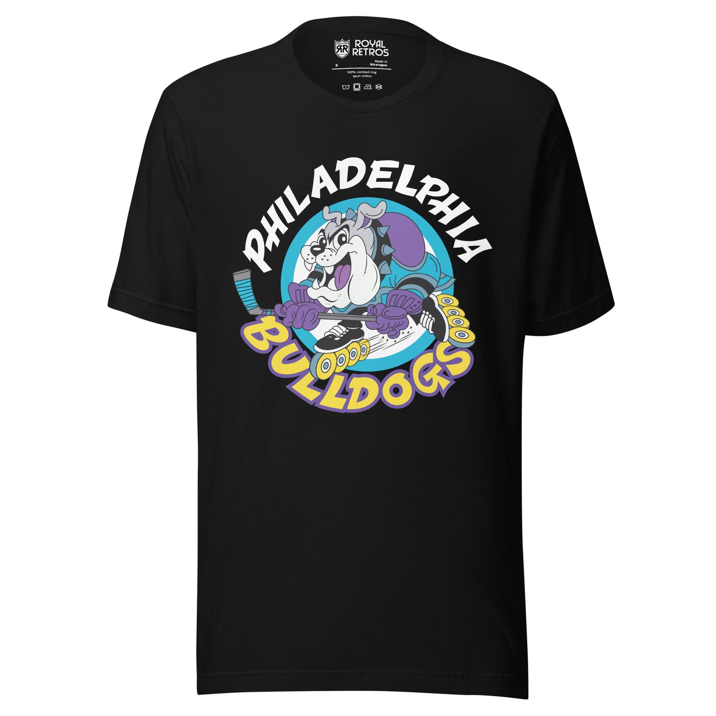 Philadelphia Bulldogs Roller Hockey -shirt. Black. Philadelphia in dark purple arched over cartoon bulldog inline skating with hockey stick, going to the left. Bulldogs arched up in yellow below. Royal Retros