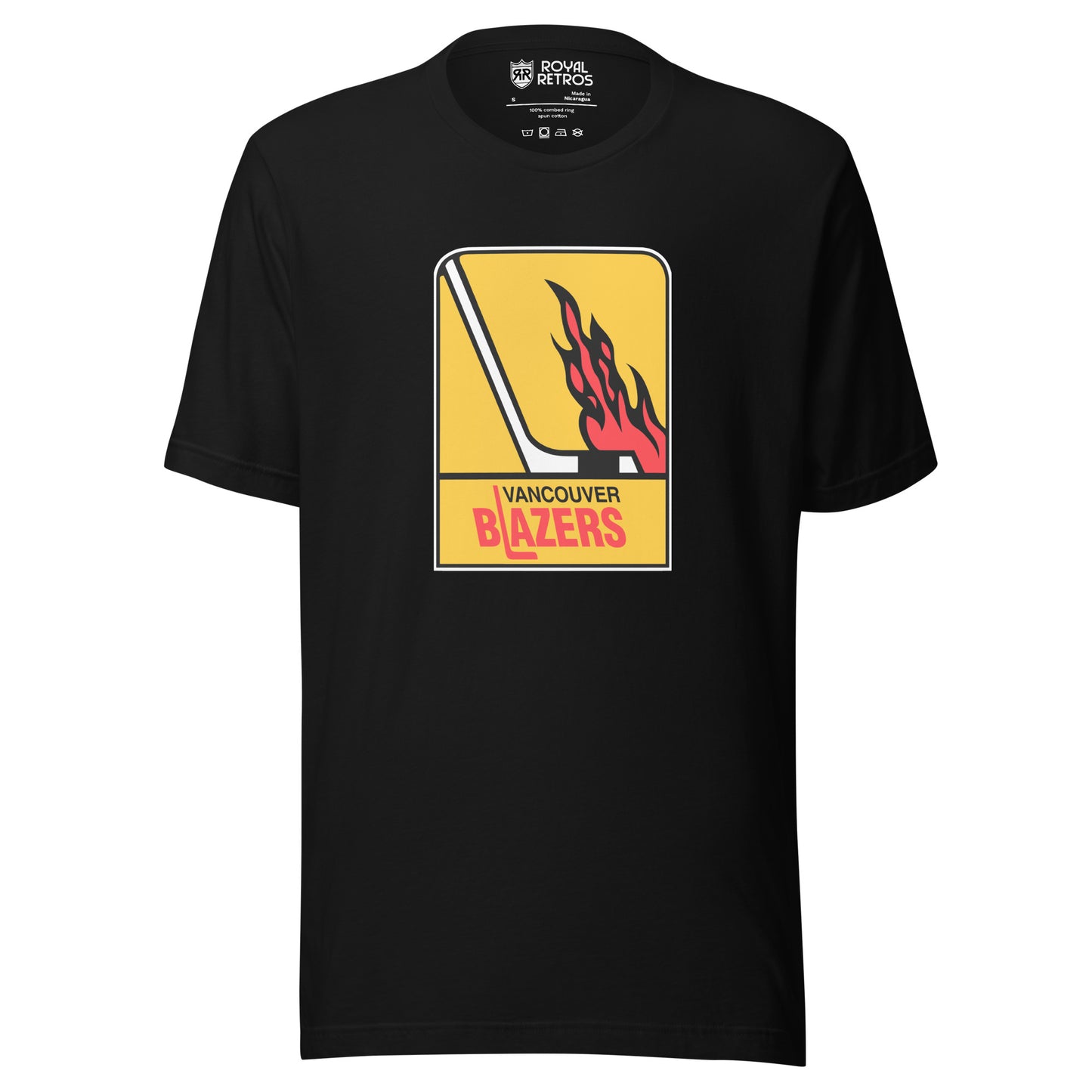 Vancouver WHA T-shirt. Black. Logo is vertical gold rectangle. Hockey stick in white facing right. Flames above the blade. Vancouver in black small above Blazers larger in red. L is a hockey stick Royal Retros