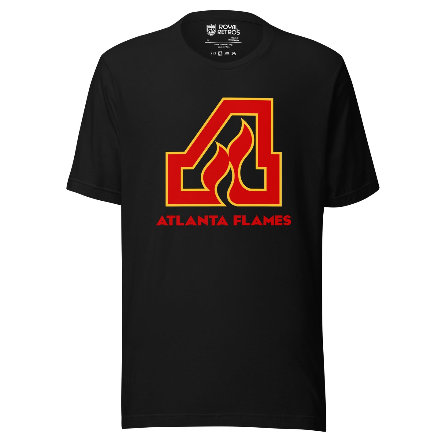 Atlanta Flames T-shirt. Black. Large red A with gold trim with flames coming up into letter. Atlanta Flames in red below. Royal Retros