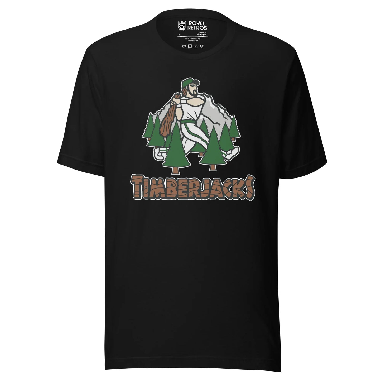 Southern Oregon Timberjacks baseball T-shirt. Black. Mountain with lumberjack walking and swinging bat surrounded by 7 evergreen trees. Timberacks in log/timber typeface below. Royal Retros