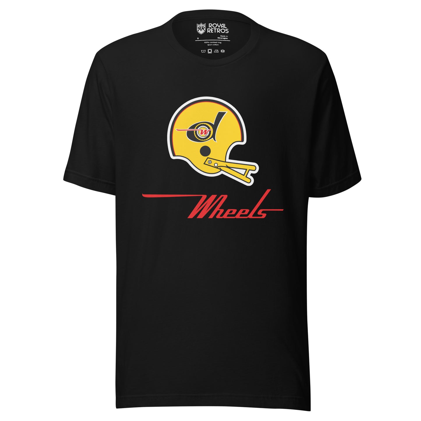 Detroit Wheels World Football League WFL T-shirt. Black. Yellow helmet with yellow face guard. Large lowercase black D with red W inside with red line running to the left. Wheels in red below with long red line running to the left from the top of the W. Royal Retros