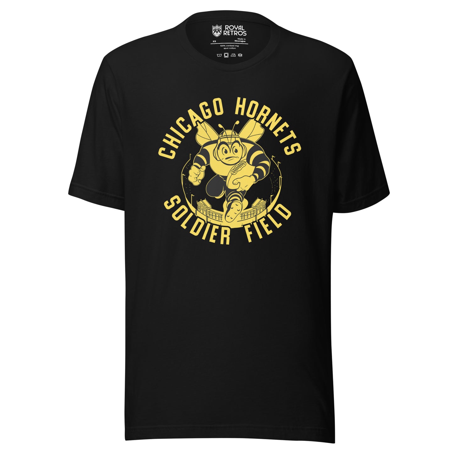 Chicago Hornets AAFC T-shirt. Black. CHICAGO HORNETS arched in gold over cartoon angry hornet rushing toward viewer with football, on top of yellow and black stadium. SOLDIER FIELD in gold arched below. Royal Retros