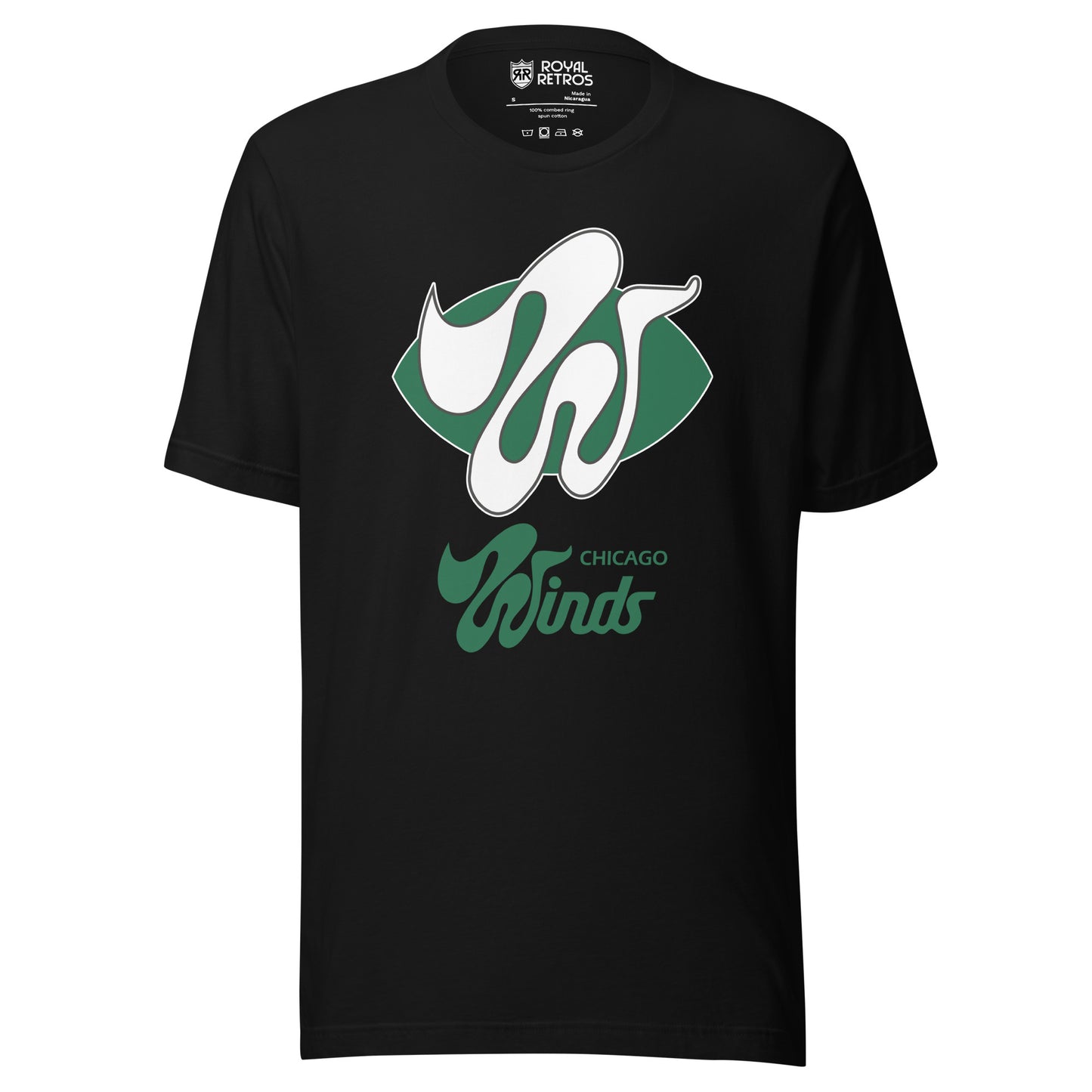 The Chicago Winds World Football League T-shirt. Black. Green football shape with wildly stylized large white W over top. Chicago small in green below right. Winds larger below centered in green. Royal Retros