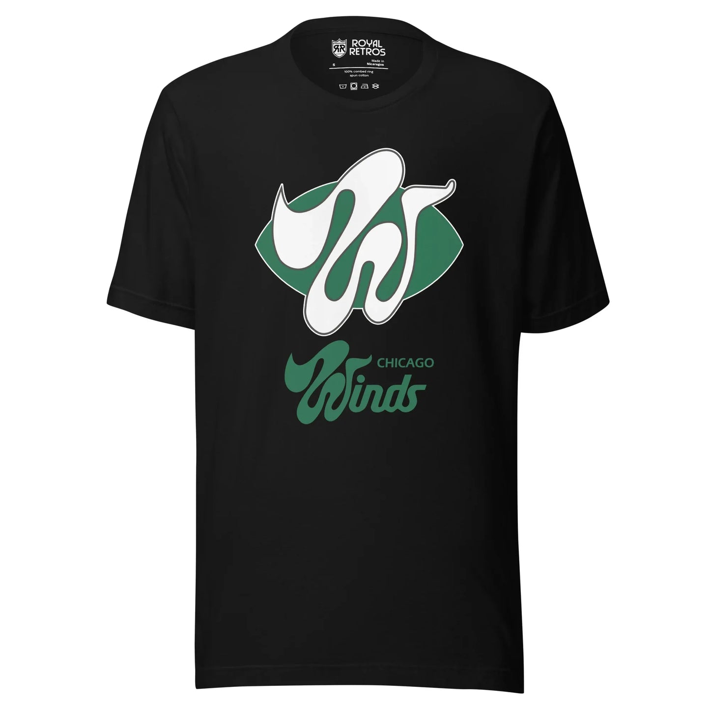 The Chicago Winds World Football League T-shirt. Black. Green football shape with wildly stylized large white W over top. Chicago small in green below right. Winds larger below centered in green. Royal Retros