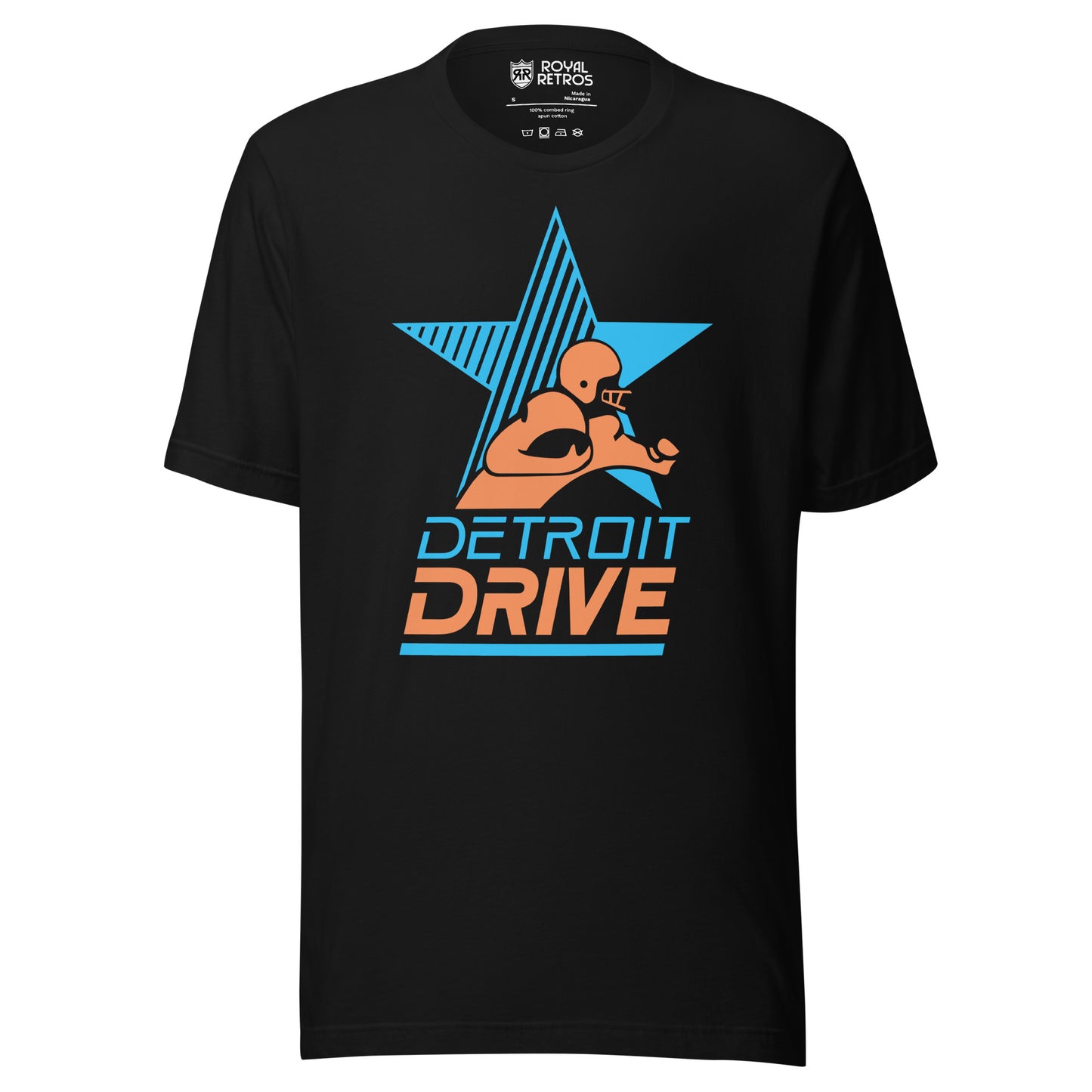 Detroit Drive Arena Football League T-shirt Black. Blue star, half of which is stripes. Stylized player from waist up running to the right with football. Detroit in blue below, DRIVE in orange centered below that, underlined in blue. Royal Retros