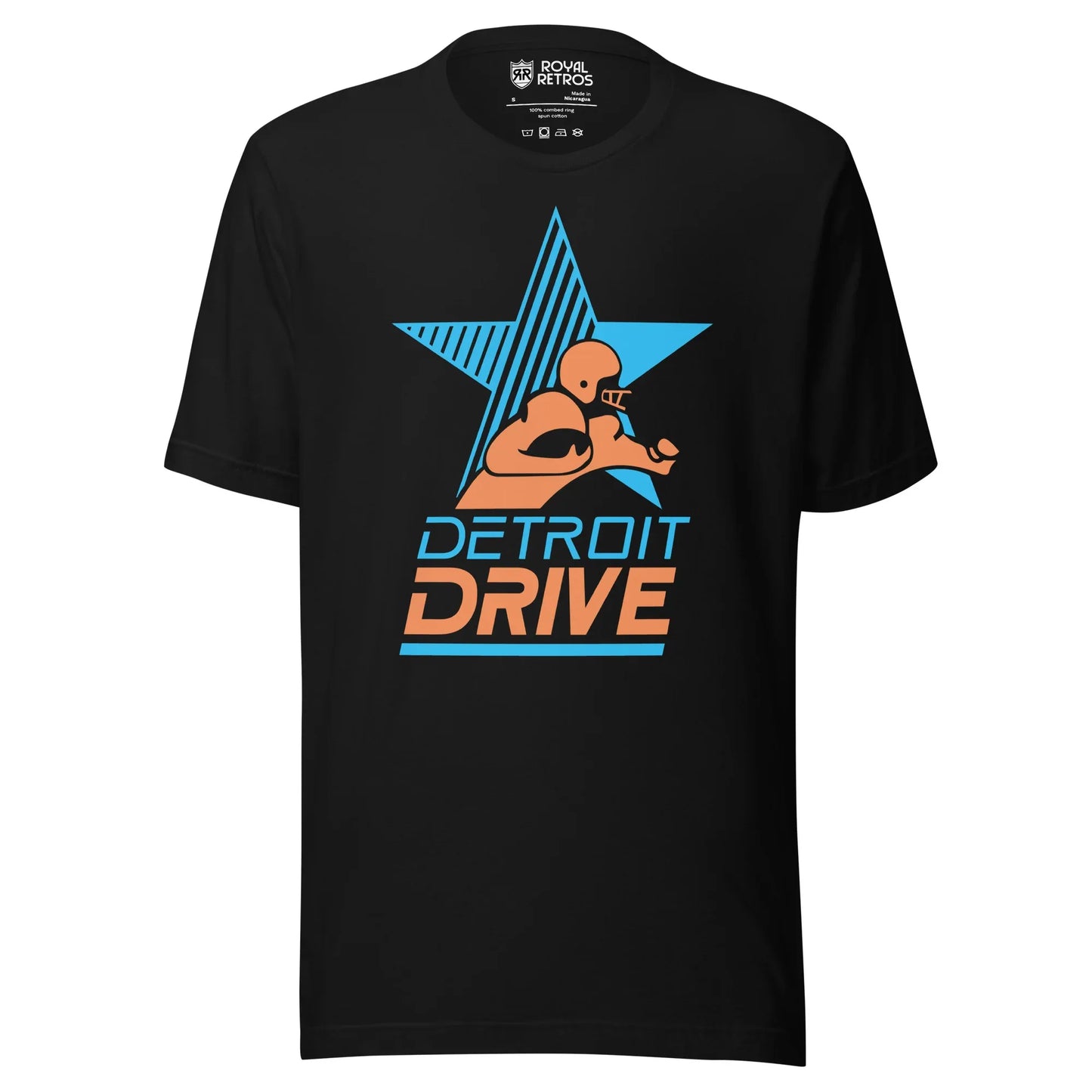 Detroit Drive Arena Football League T-shirt Black. Blue star, half of which is stripes. Stylized player from waist up running to the right with football. Detroit in blue below, DRIVE in orange centered below that, underlined in blue. Royal Retros