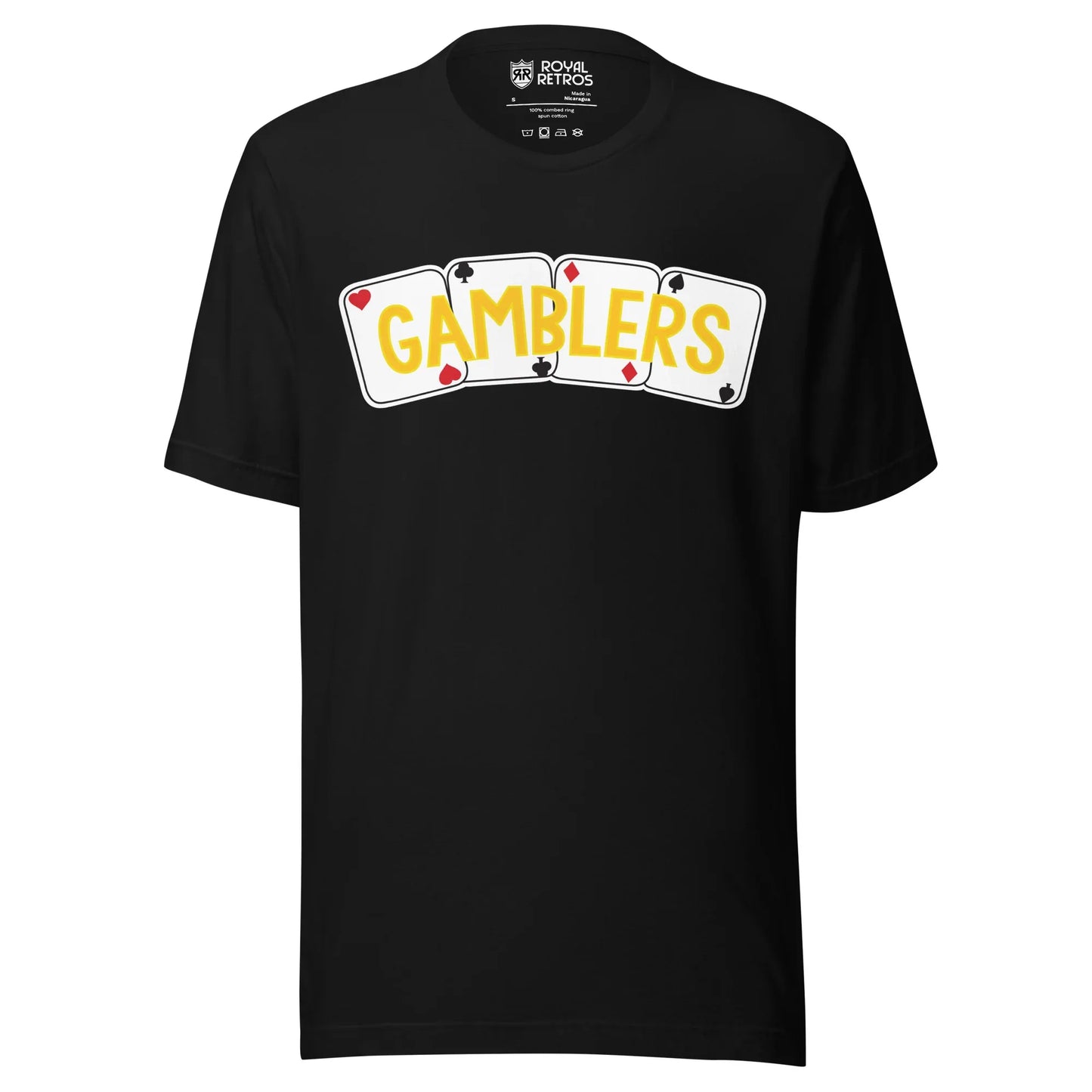 Las Vegas Gamblers hockey T-shirt. Black. Four cards across chest, hearts, clubs, diamonds, spades. GAMBLERS in gold across cards. Royal Retros